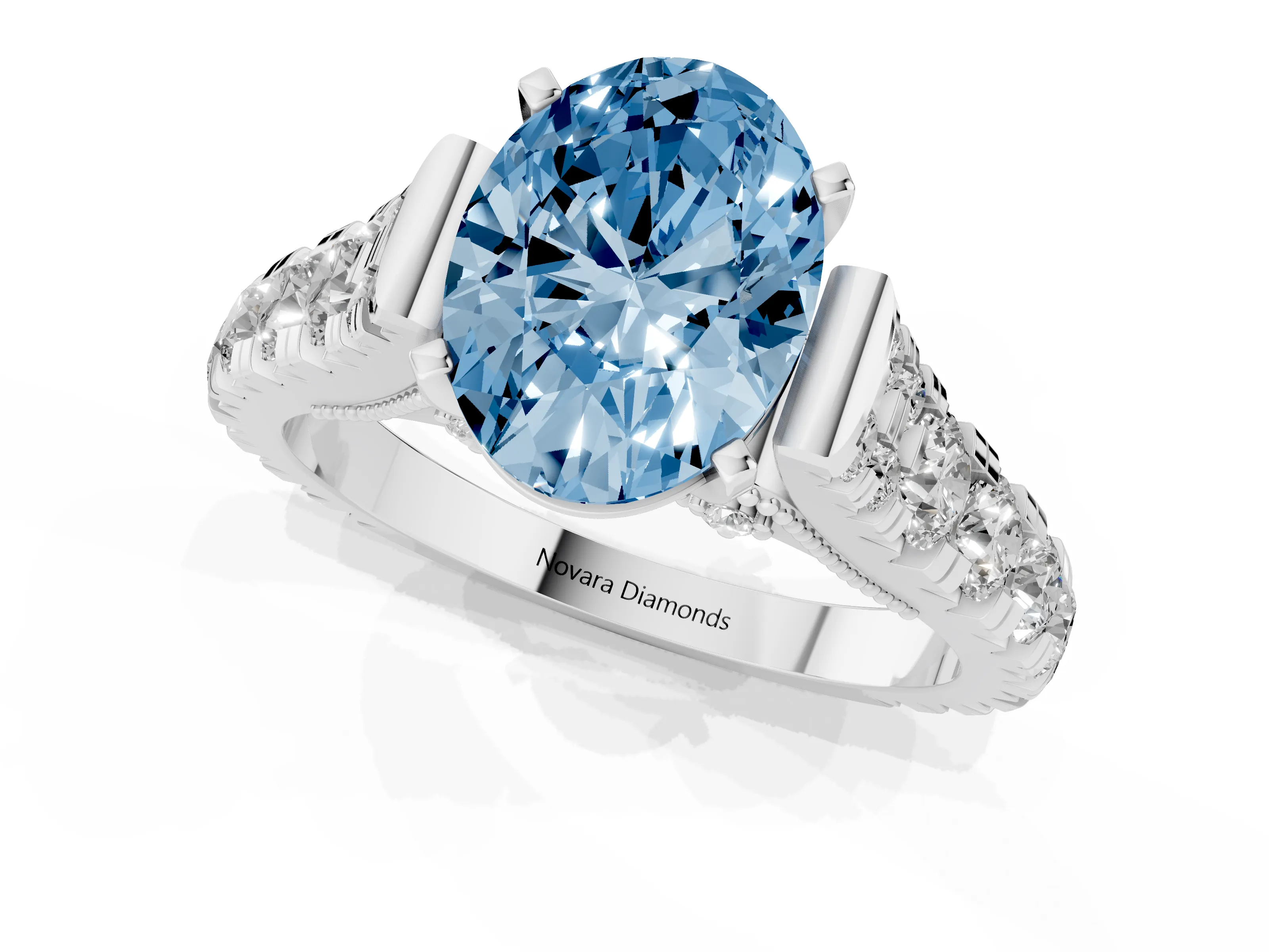 Fancy Blue Oval Cut Diamond Classic Solitaire Ring Set in White gold with Pavé Band and Prong Setting