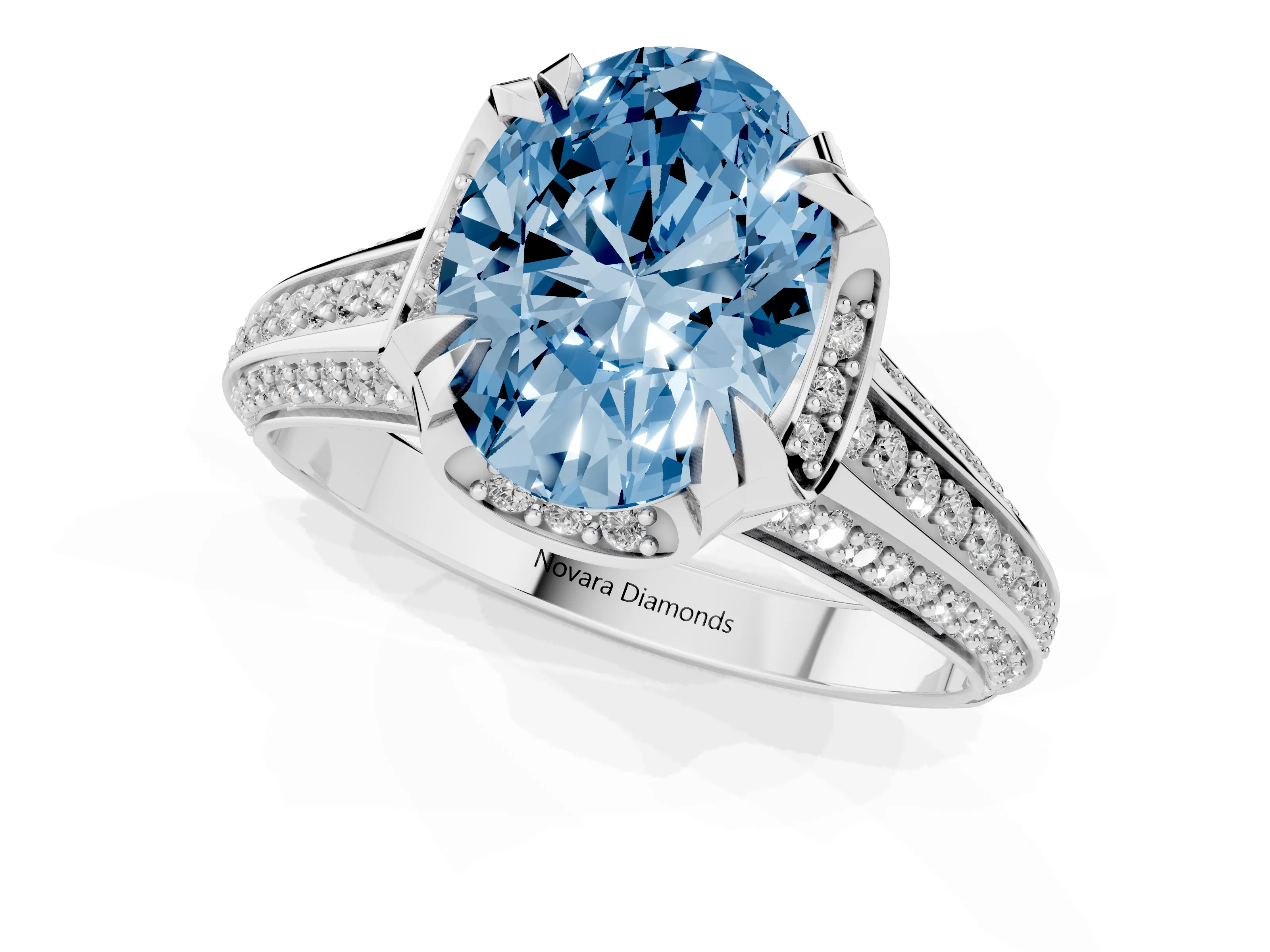 Fancy Blue Oval Cut Diamond Pavé Split Shank Solitaire Ring Set in White gold with Prong Setting