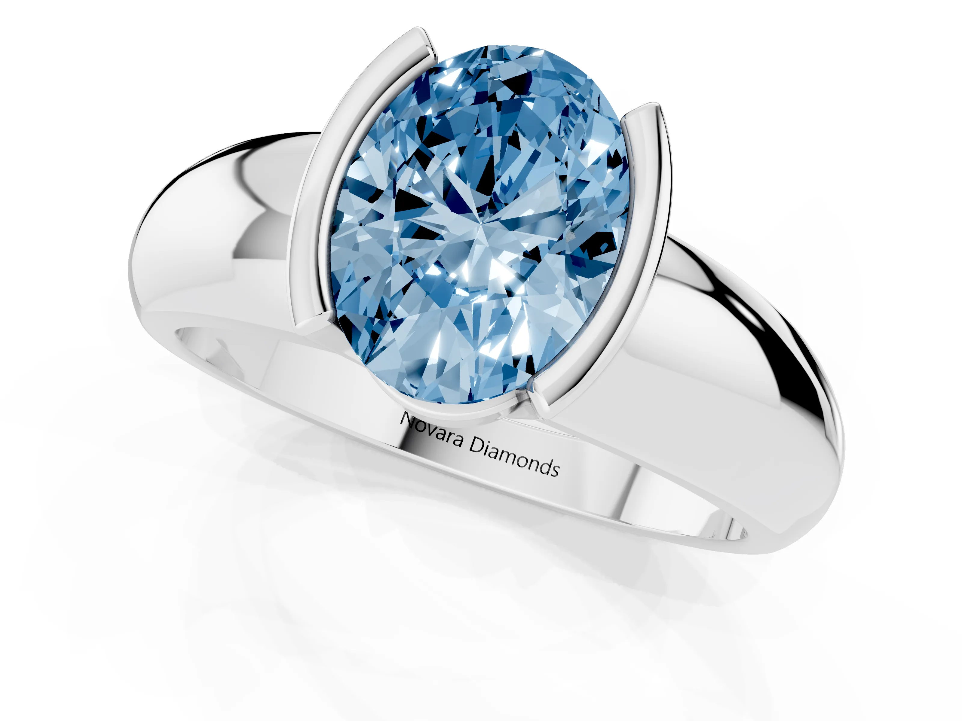 Fancy Blue Oval Cut Diamond Solitaire Tension Set Ring Set in Platinum with Wide Band
