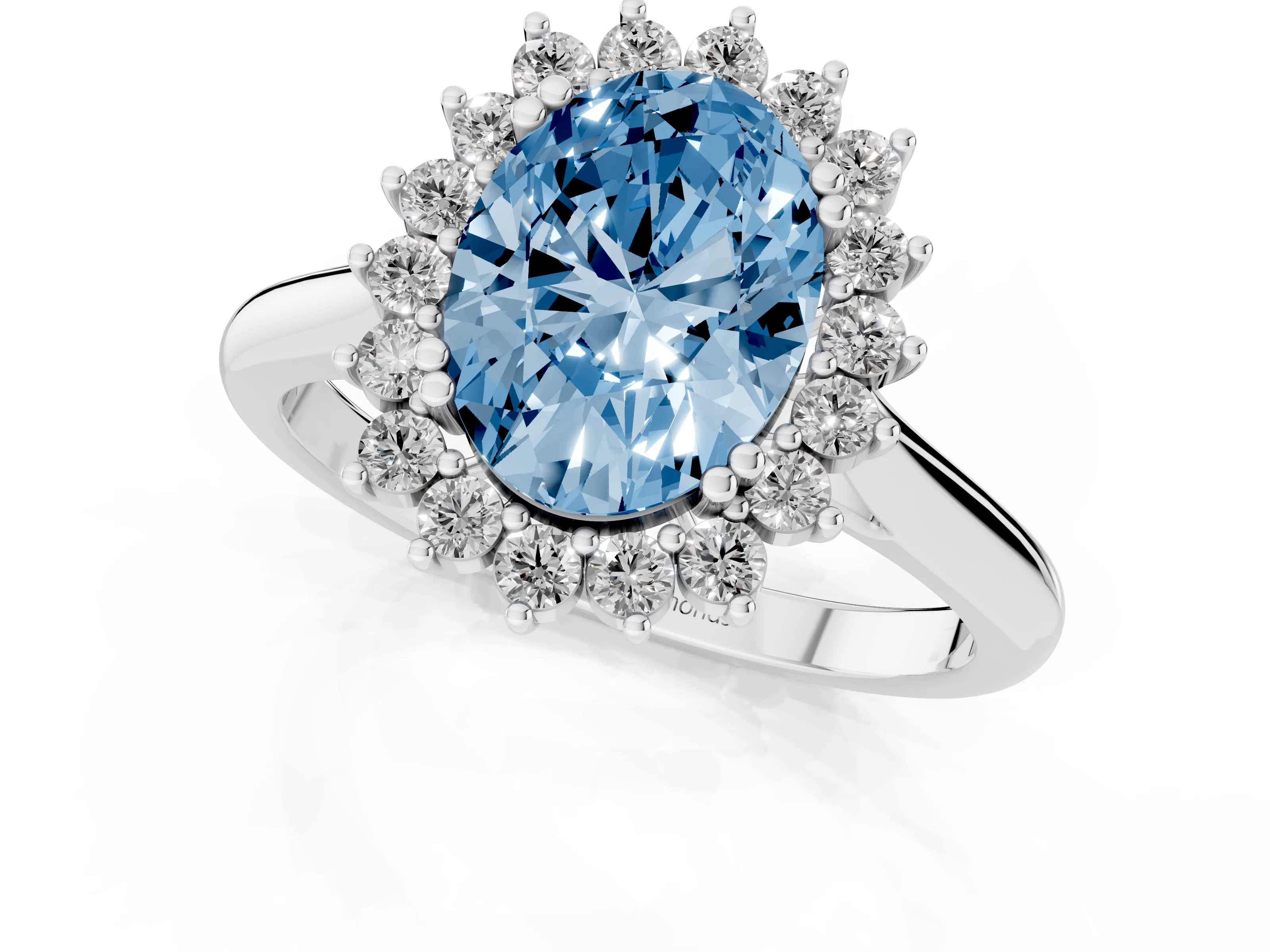 Fancy Blue Oval Cut Diamond Halo Ring Set in Silver with Plain Solitaire Band and Prong Setting
