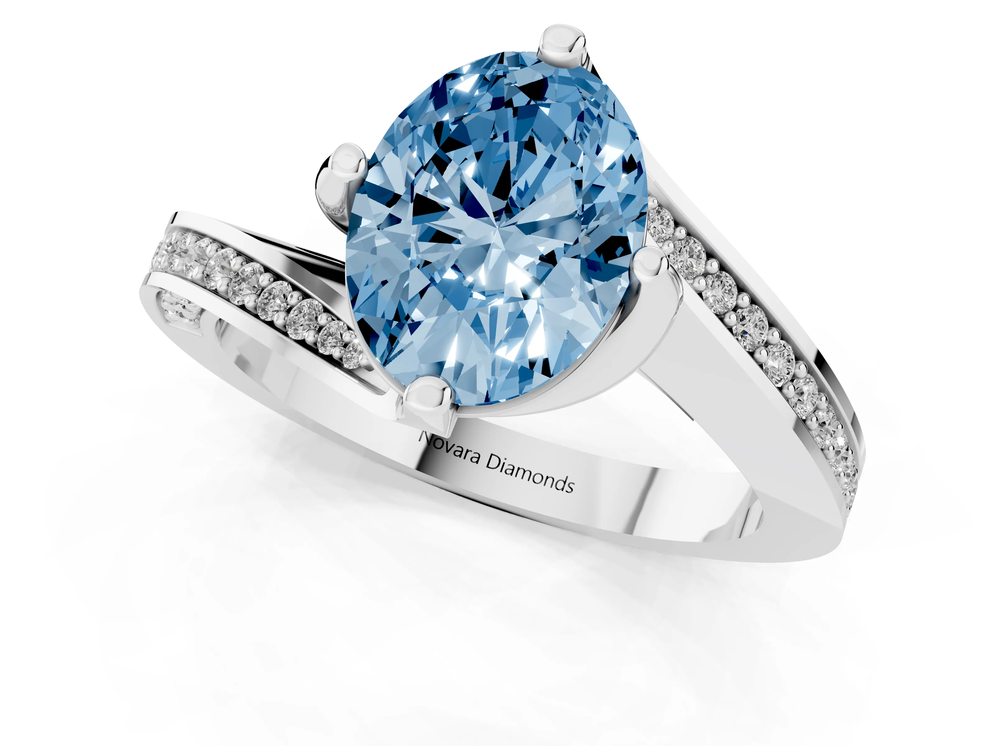 Fancy Blue Oval Cut Diamond Solitaire Ring Set in Silver with Intertwined Pavé Twist Band