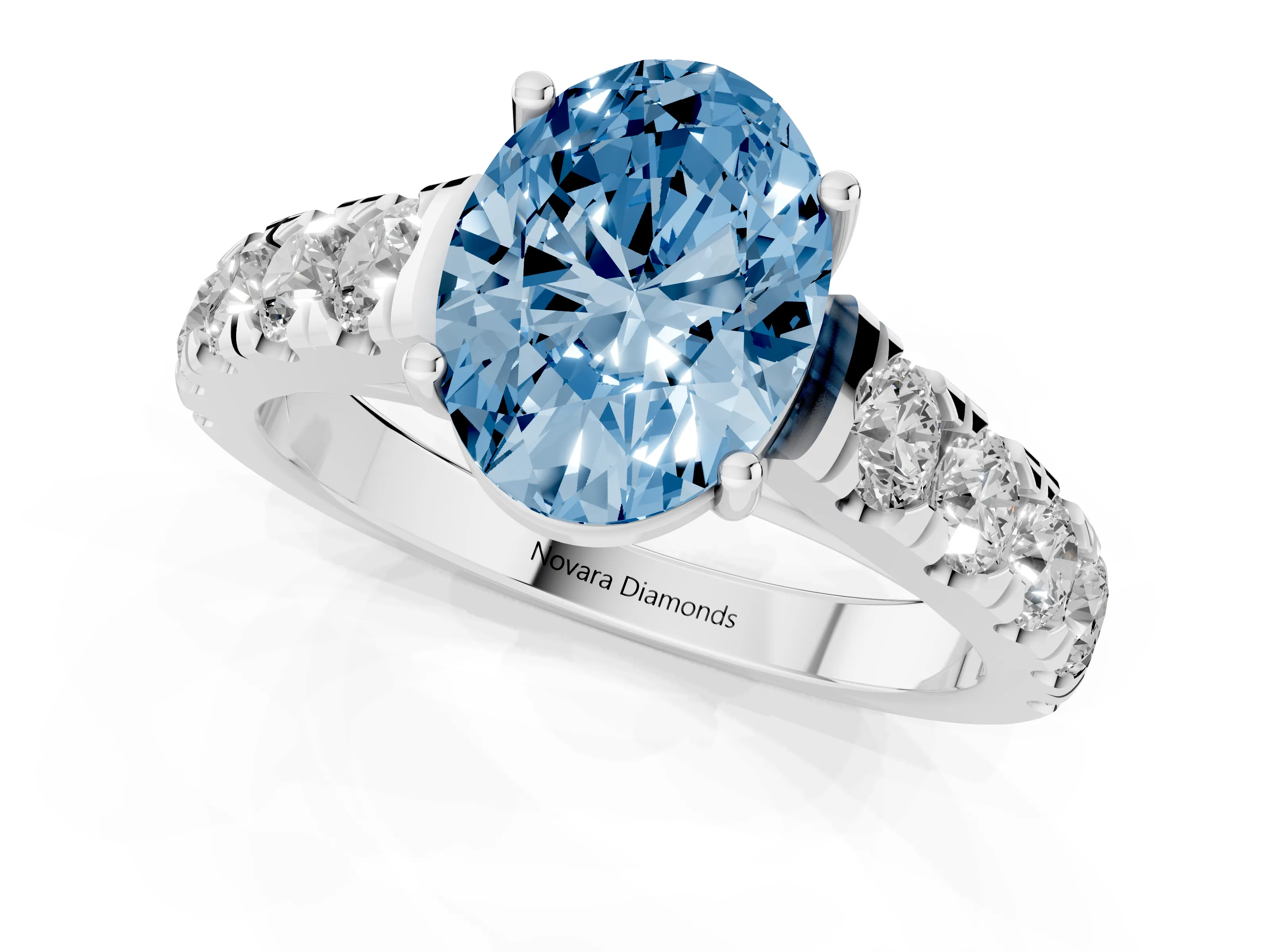 Fancy Blue Oval Cut Diamond Solitaire Ring Set in Silver with Cut-Down Micro Pavé Band and Prong Setting