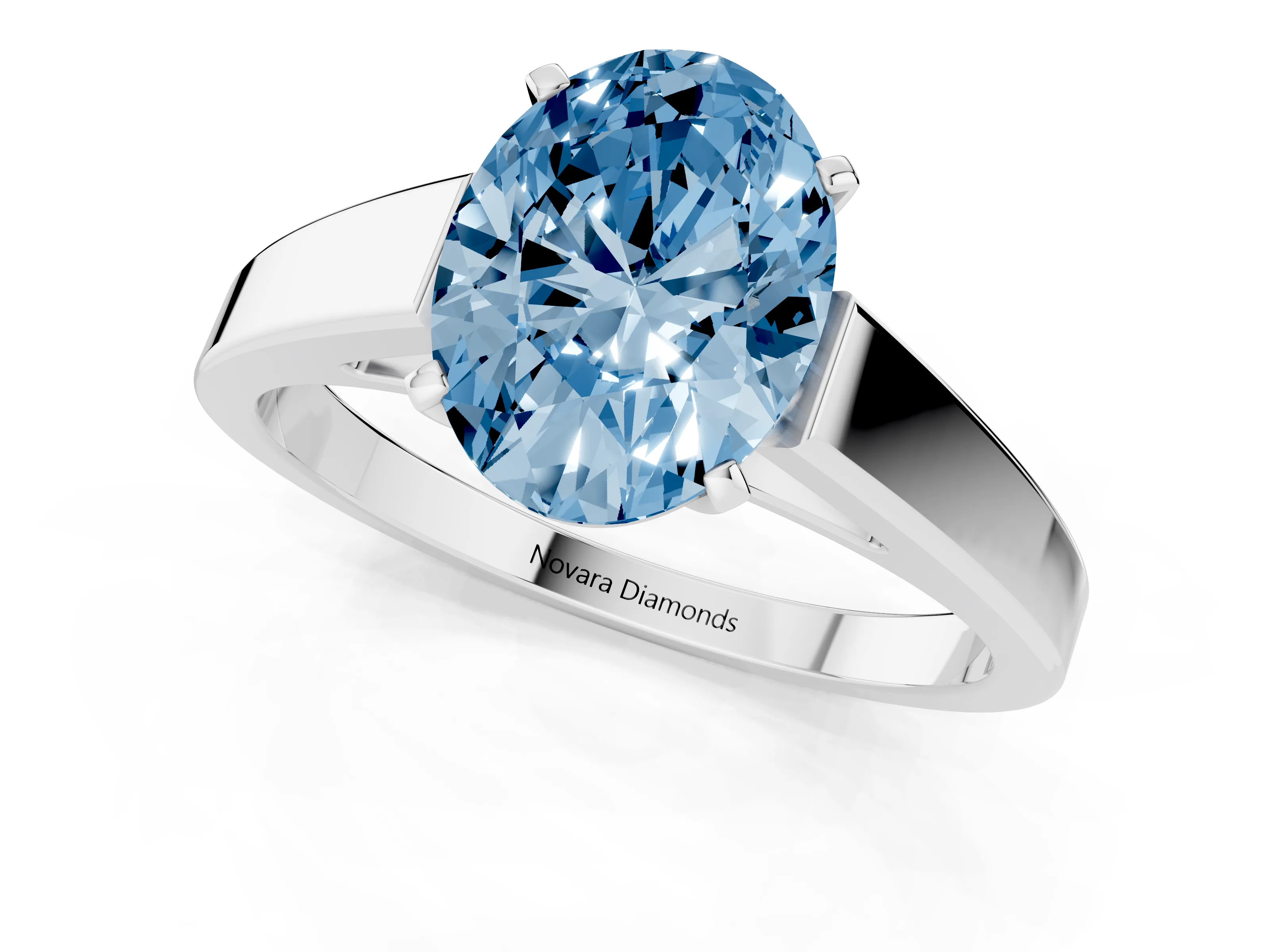 Fancy Blue Oval Cut Diamond Solitaire Engagement Ring Set in Silver with Prong Setting and Tapered Band