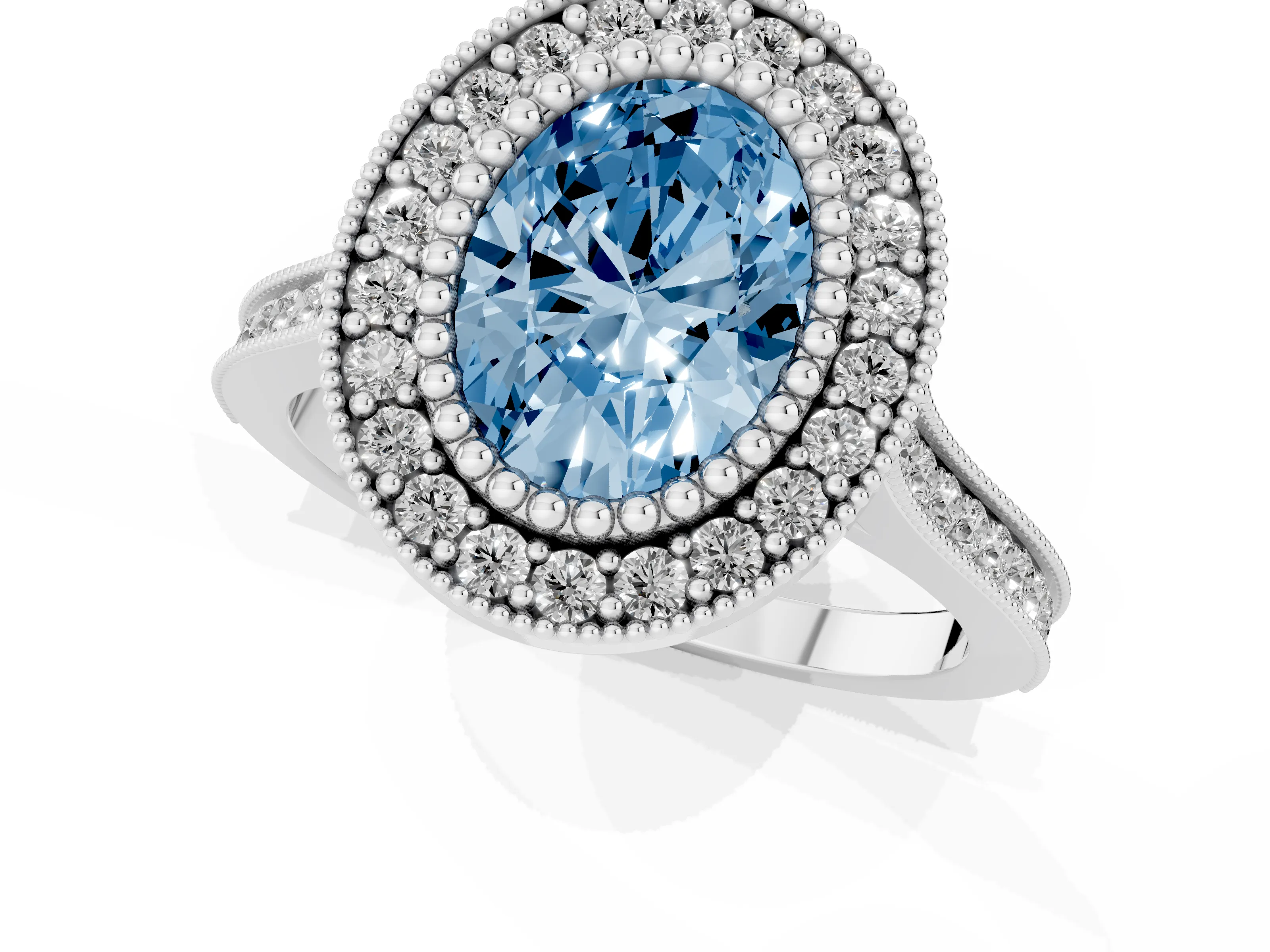 Fancy Blue Oval Cut Diamond Halo Ring Set in White gold with Milgrain Frame and Pavé Band