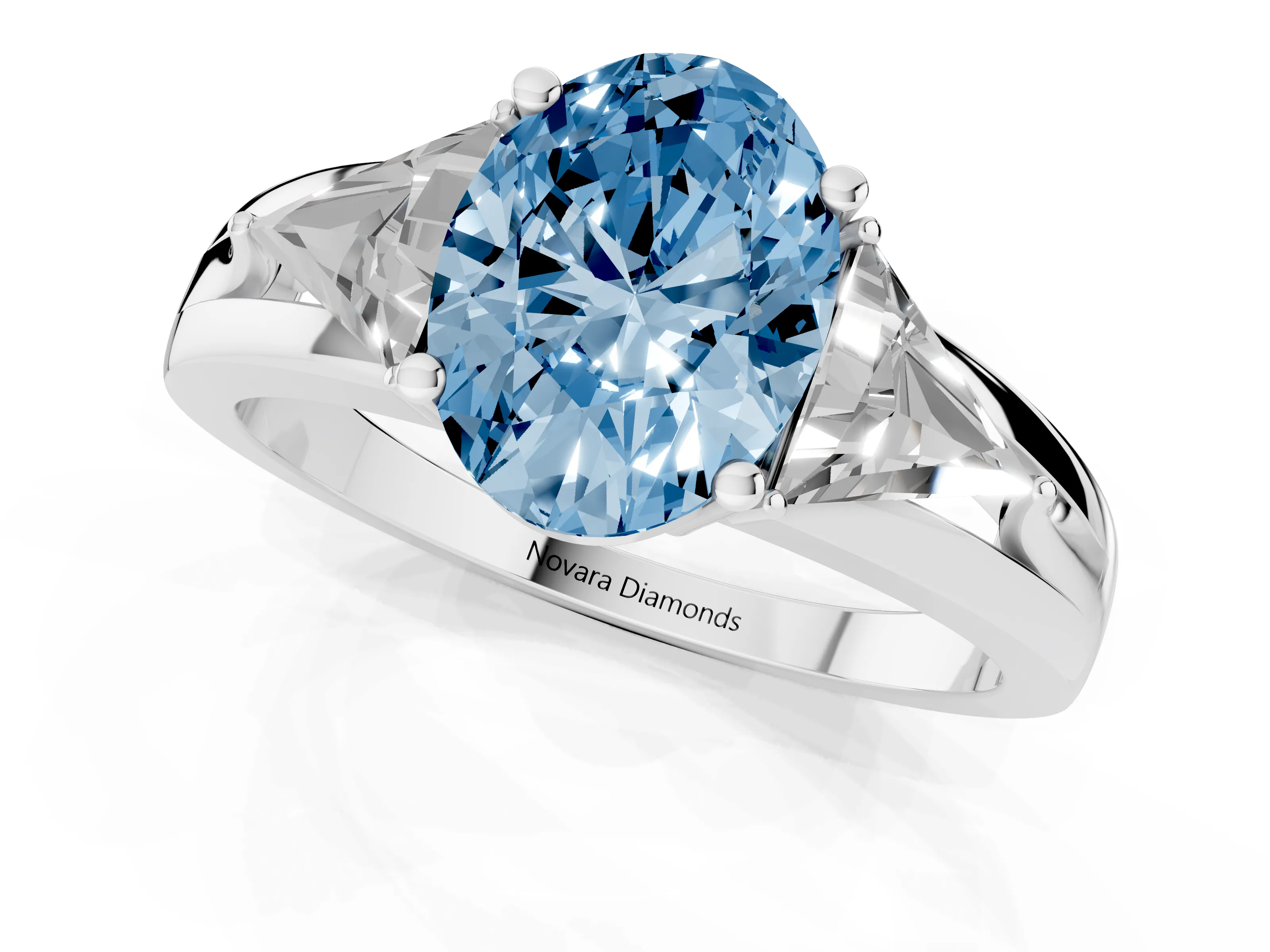 Fancy Blue Oval Cut Diamond Three-Stone Ring Set in Silver with Trillion Side Stones and Split Shank