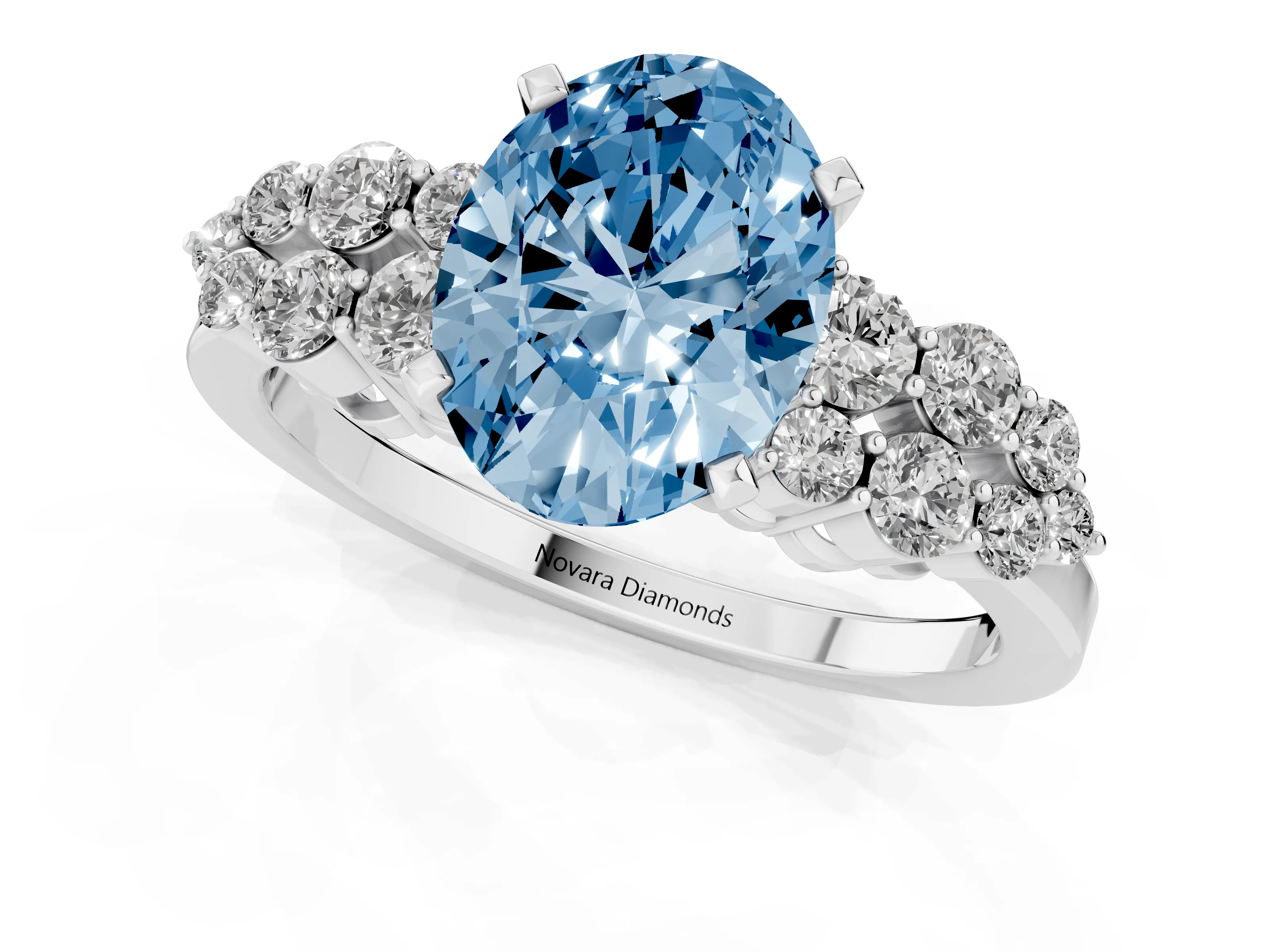 Fancy Blue Oval Cut Diamond Cluster Engagement Ring Set in Silver with Pavé Band and Prong Setting