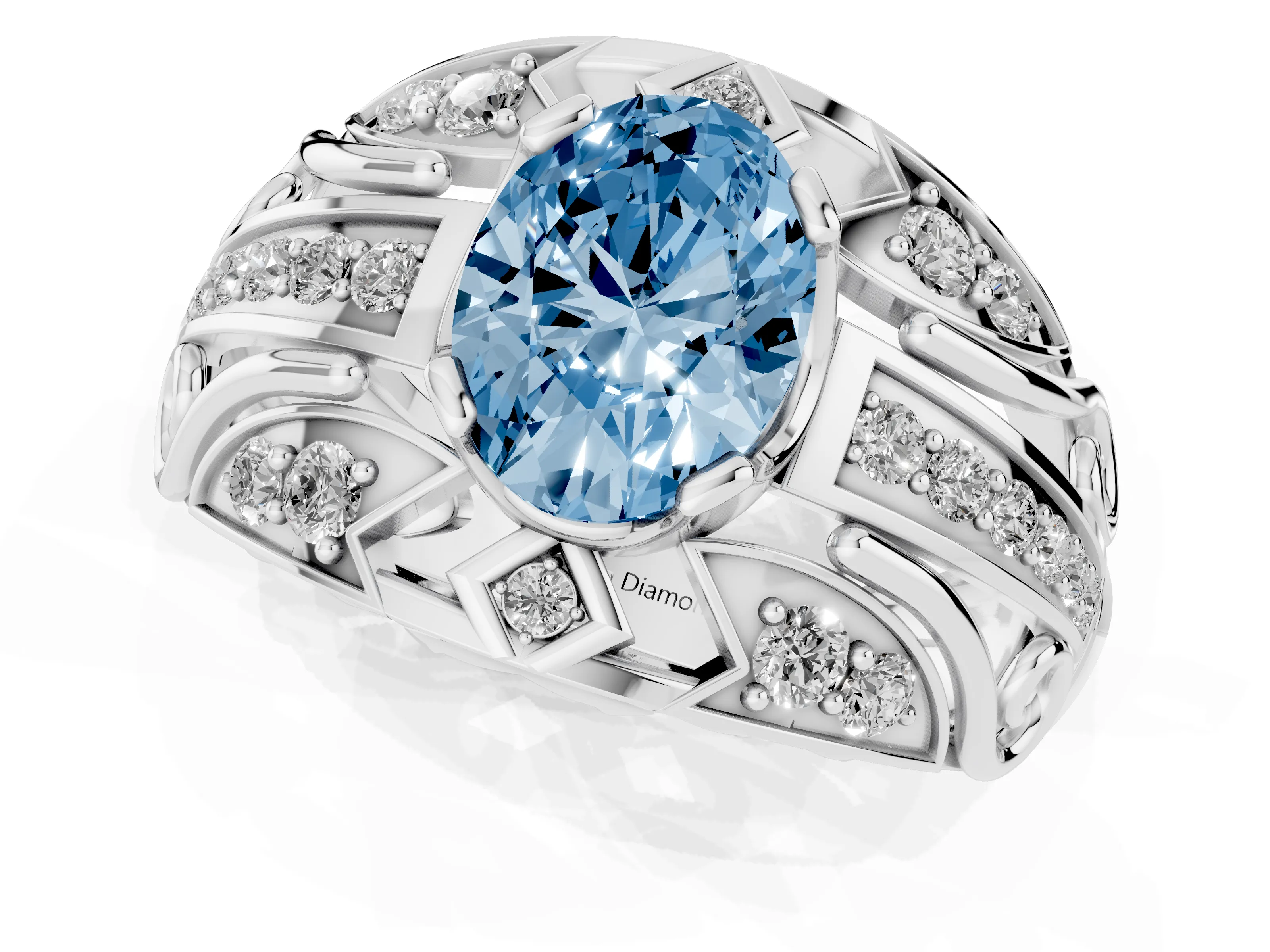 Fancy Blue Oval Cut Diamond Art Deco Ring Set in Platinum with Pavé Split Shank