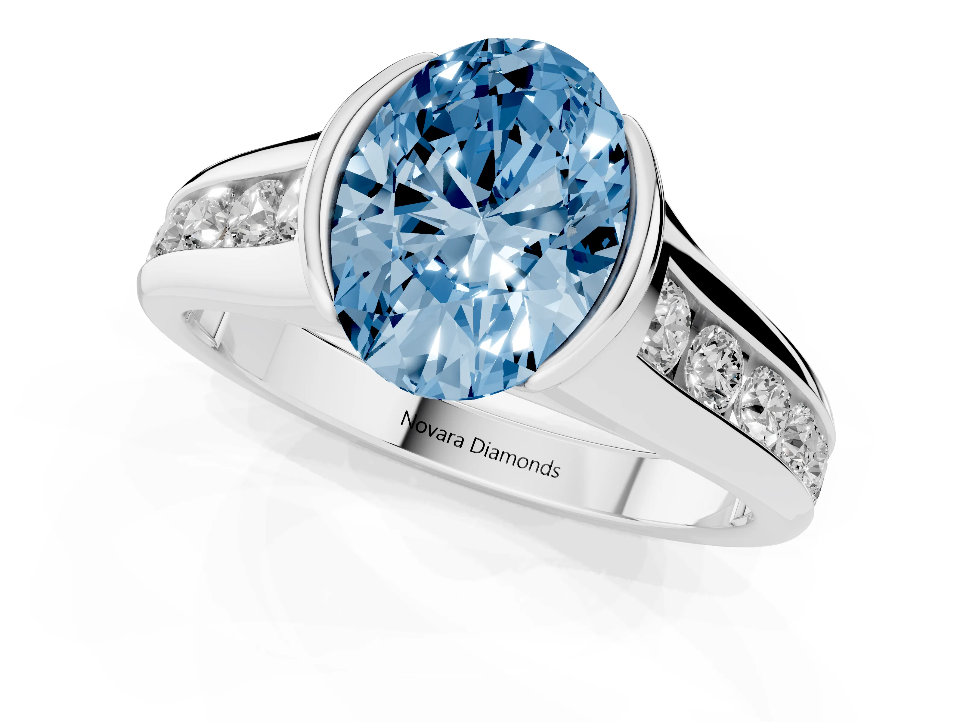 Fancy Blue Oval Cut Diamond Bezel-Set Solitaire Ring Set in Platinum with Channel-Set Band