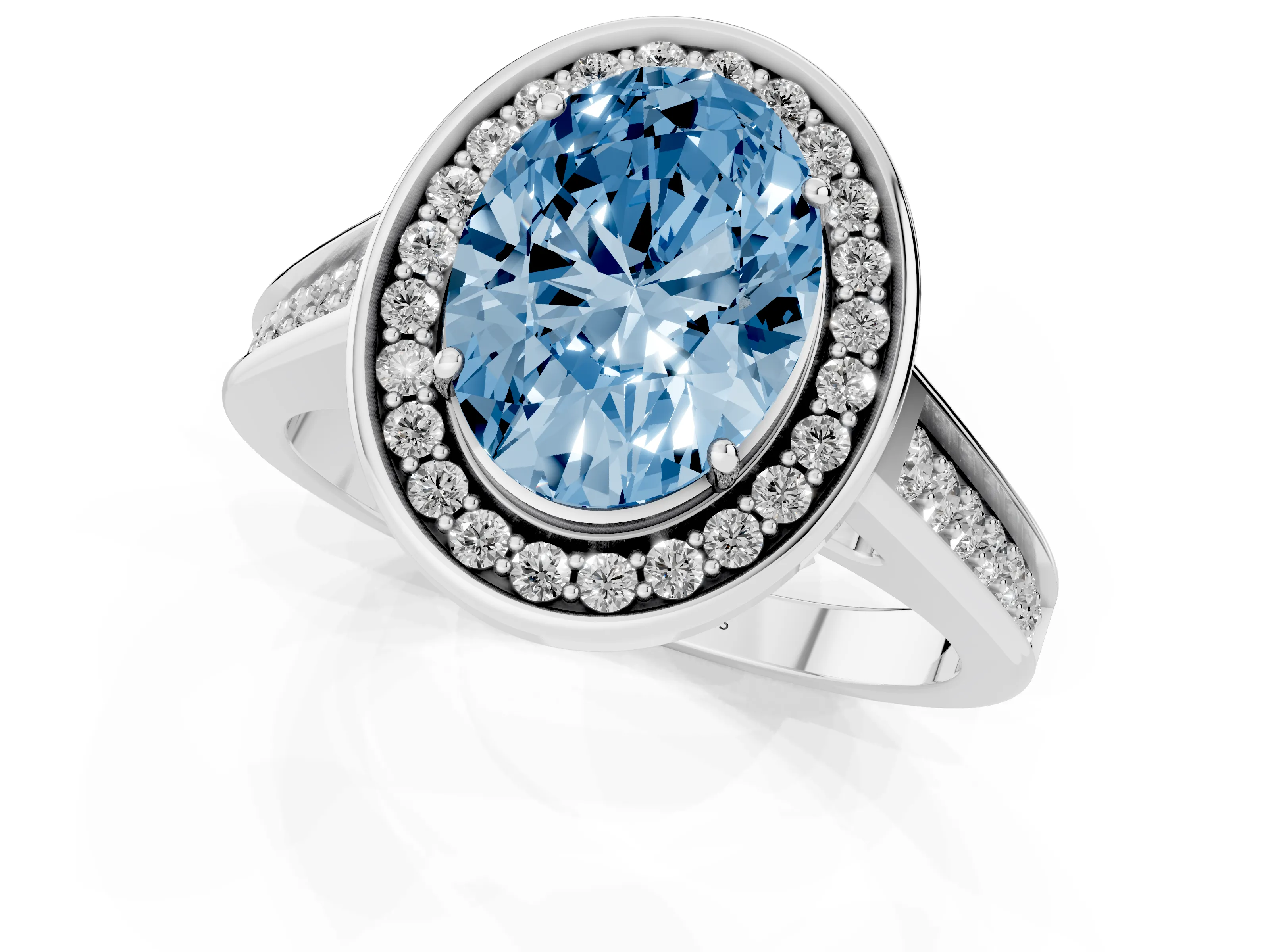 Fancy Blue Oval Cut Diamond Halo Solitaire Ring Set in Silver with Pavé Band and Bezel Setting