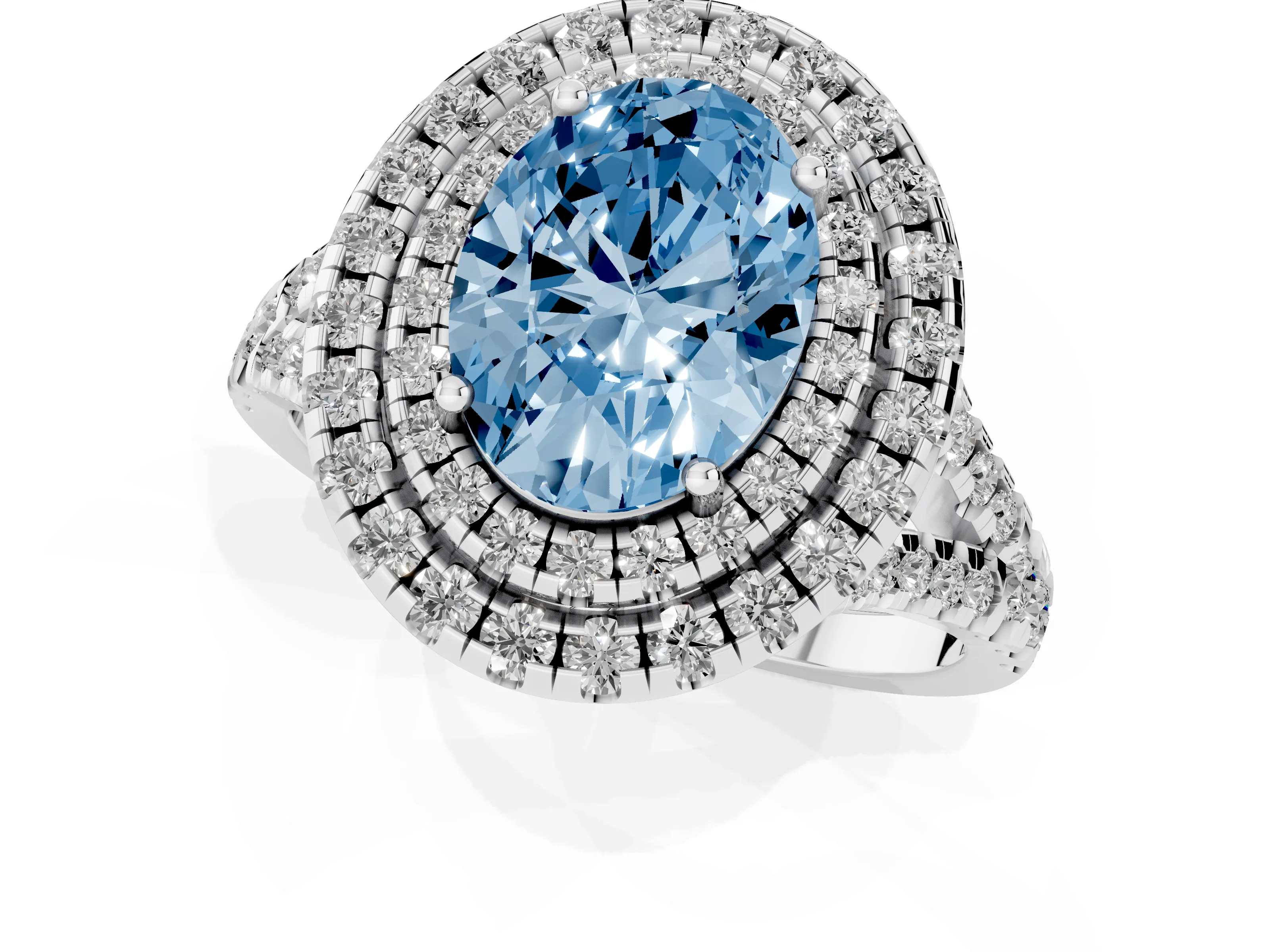 Fancy Blue Oval Cut Diamond Double Halo Ring Set in Silver with Pavé Split Shank and Prong Setting