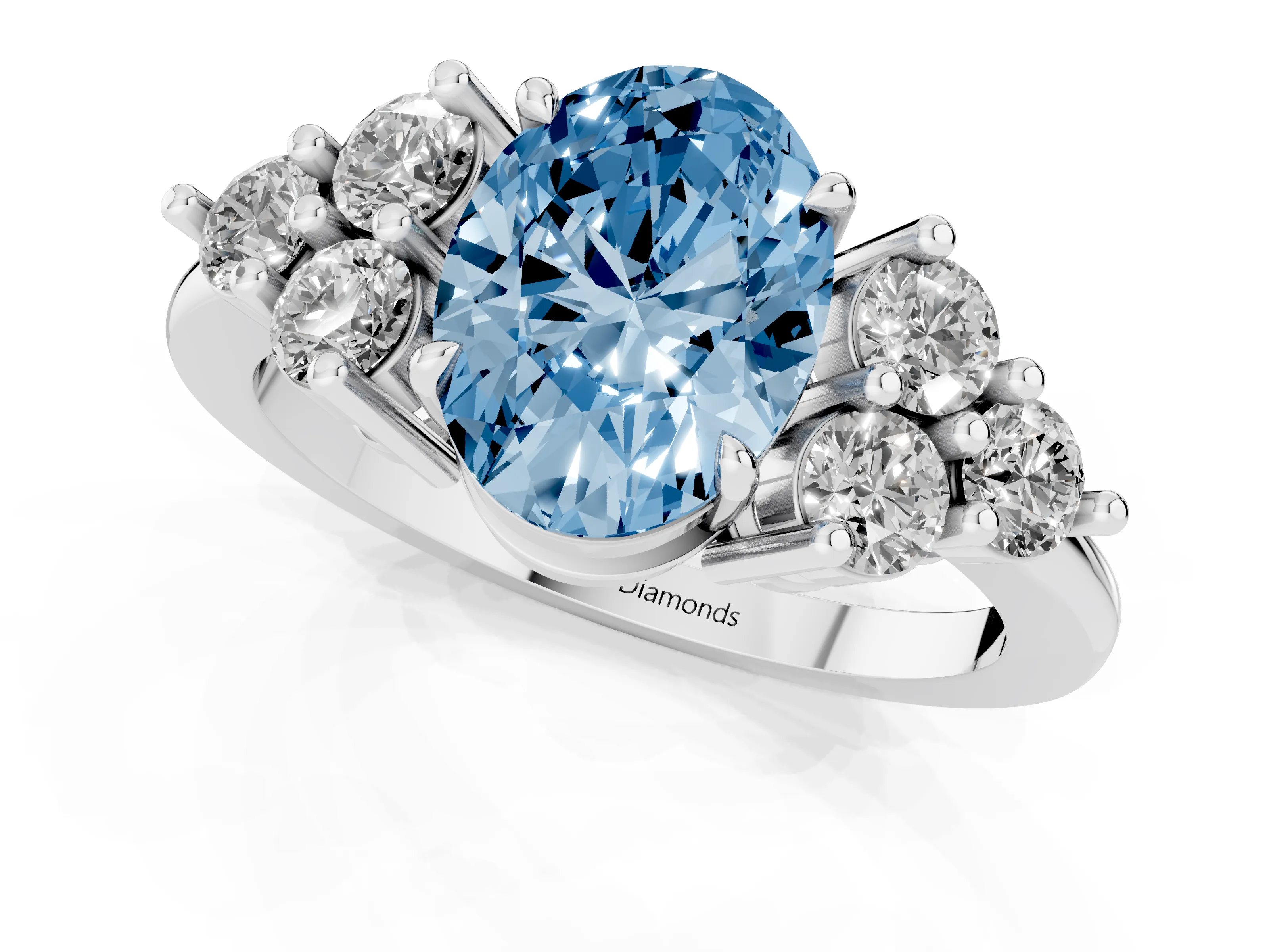 Fancy Blue Oval Cut Diamond Solitaire Ring Set in Platinum with Cluster Accents on Each Side