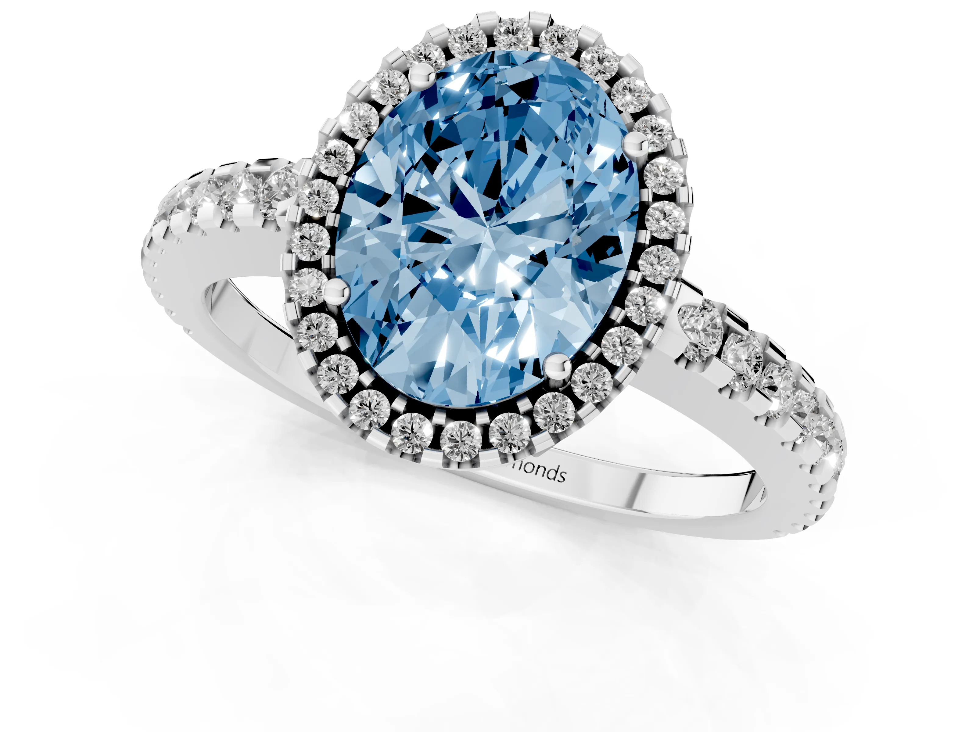 Fancy Blue Oval Cut Diamond Halo Ring Set in Platinum with Pavé Shoulders and Halo-Framed Center