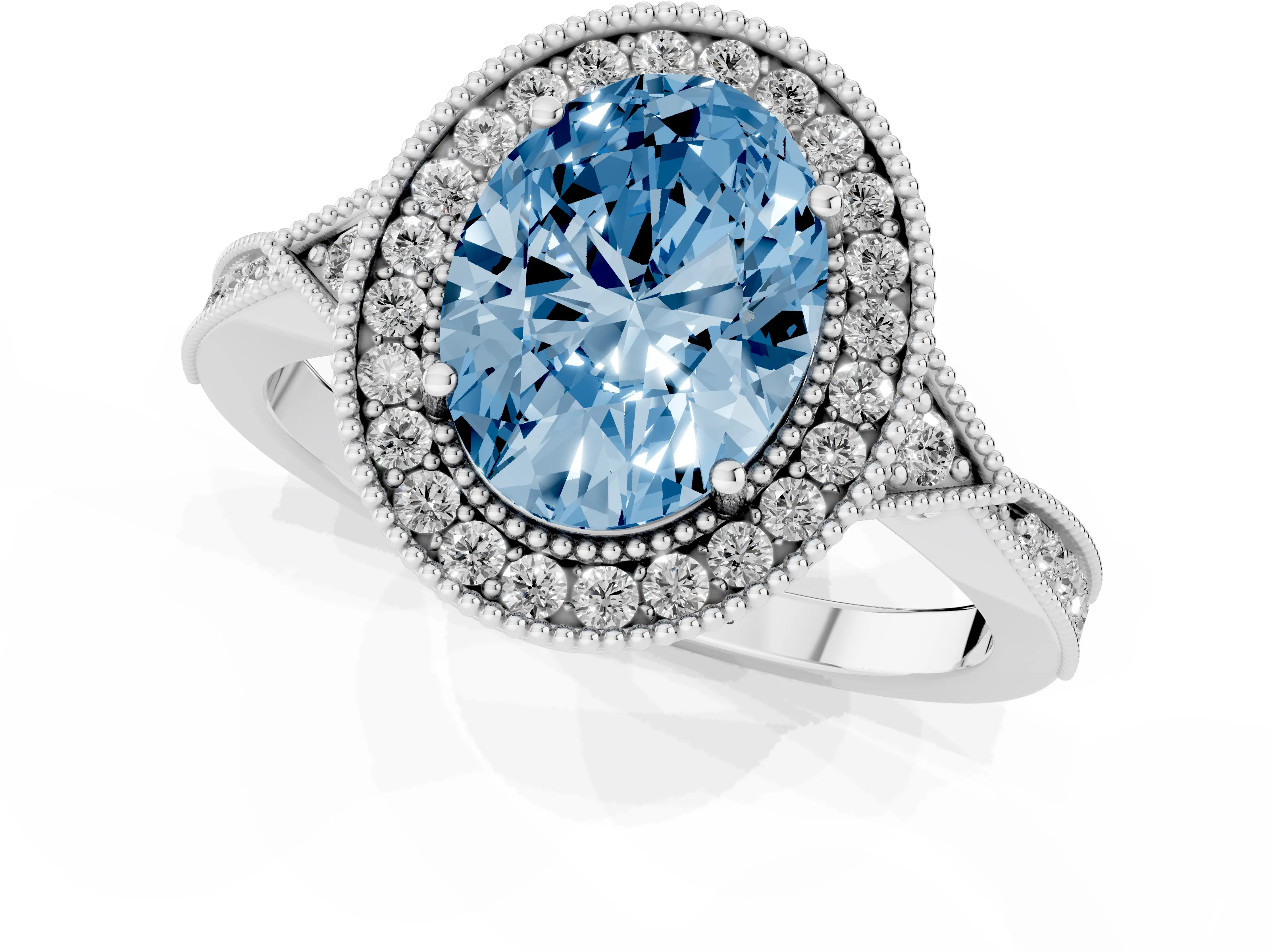 Fancy Blue Oval Cut Diamond Halo Engagement Ring Set in Platinum with Milgrain Pavé Band – second view