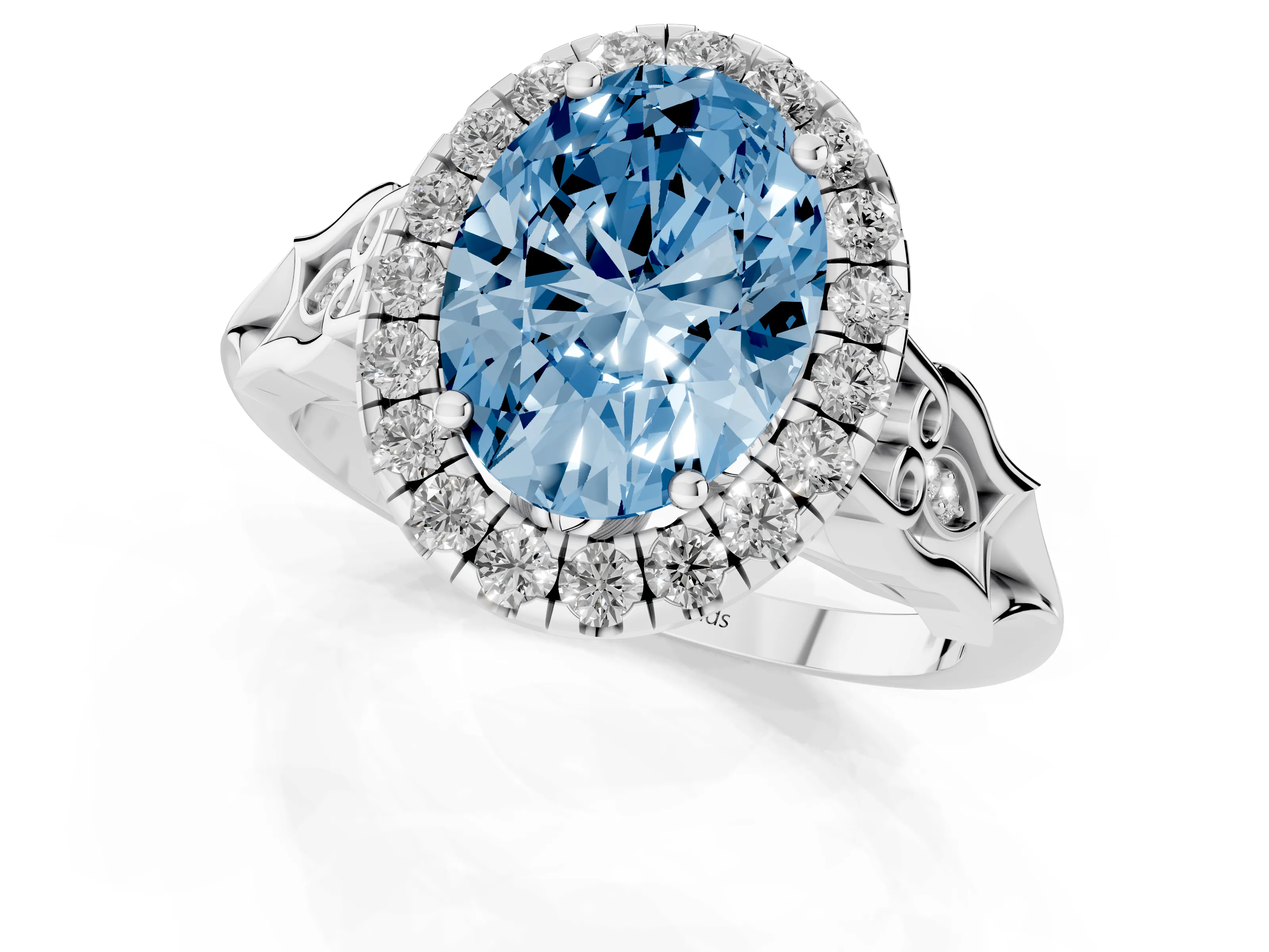 Fancy Blue Oval Cut Diamond Halo Engagement Ring Set in Platinum with Filigree Band and Prong-Set Center