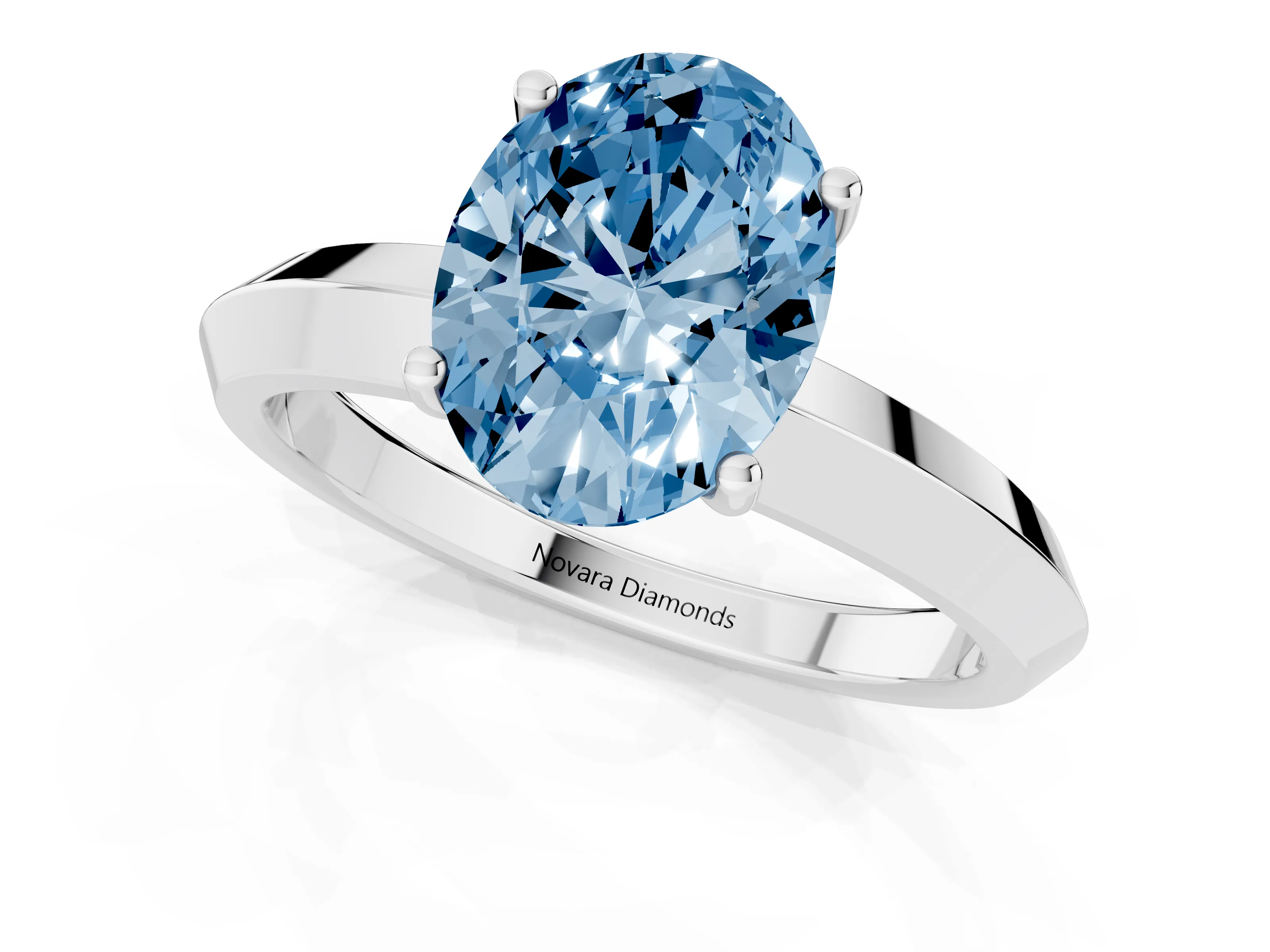 Fancy Blue Oval Cut Diamond Solitaire Engagement Ring Set in Platinum with Flat Band and Prong Setting