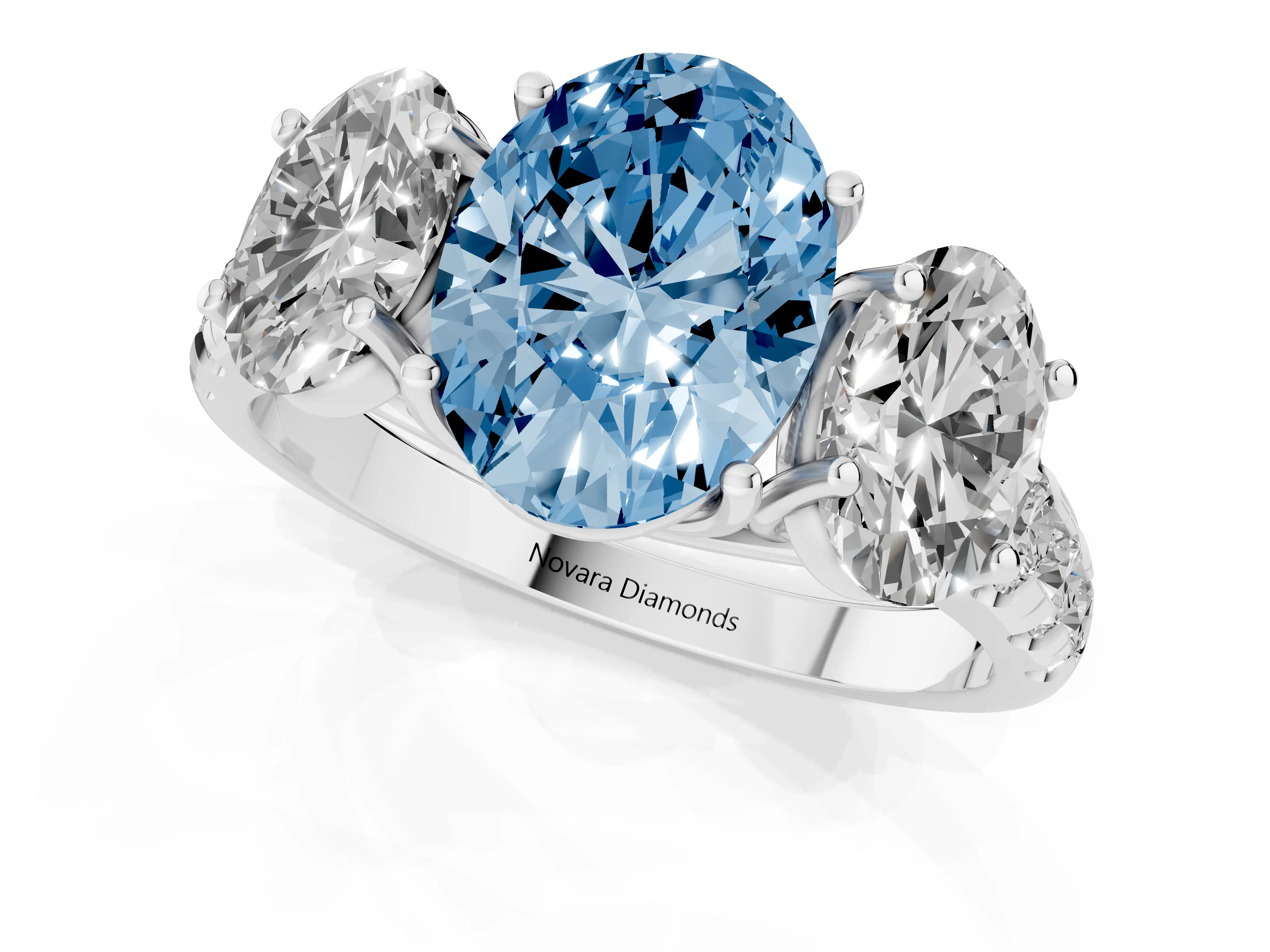 Fancy Blue Oval Cut Diamond Three-Stone Ring Set in Platinum with Pavé Band