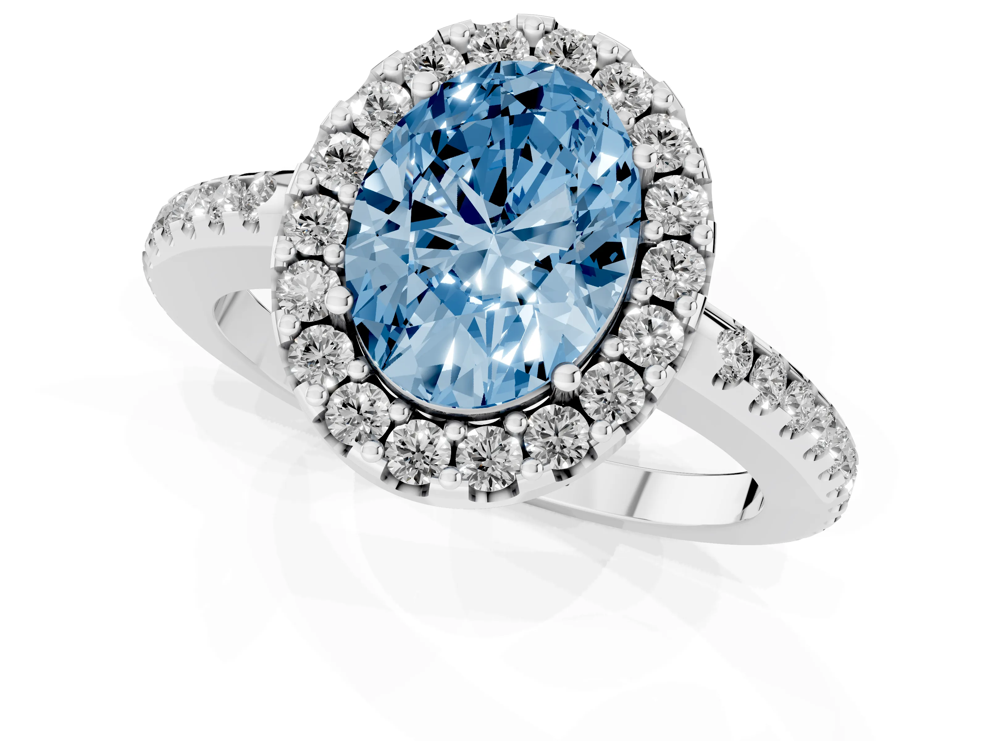 Fancy Blue Oval Cut Diamond Pavé Halo Ring Set in Platinum with Prong Setting