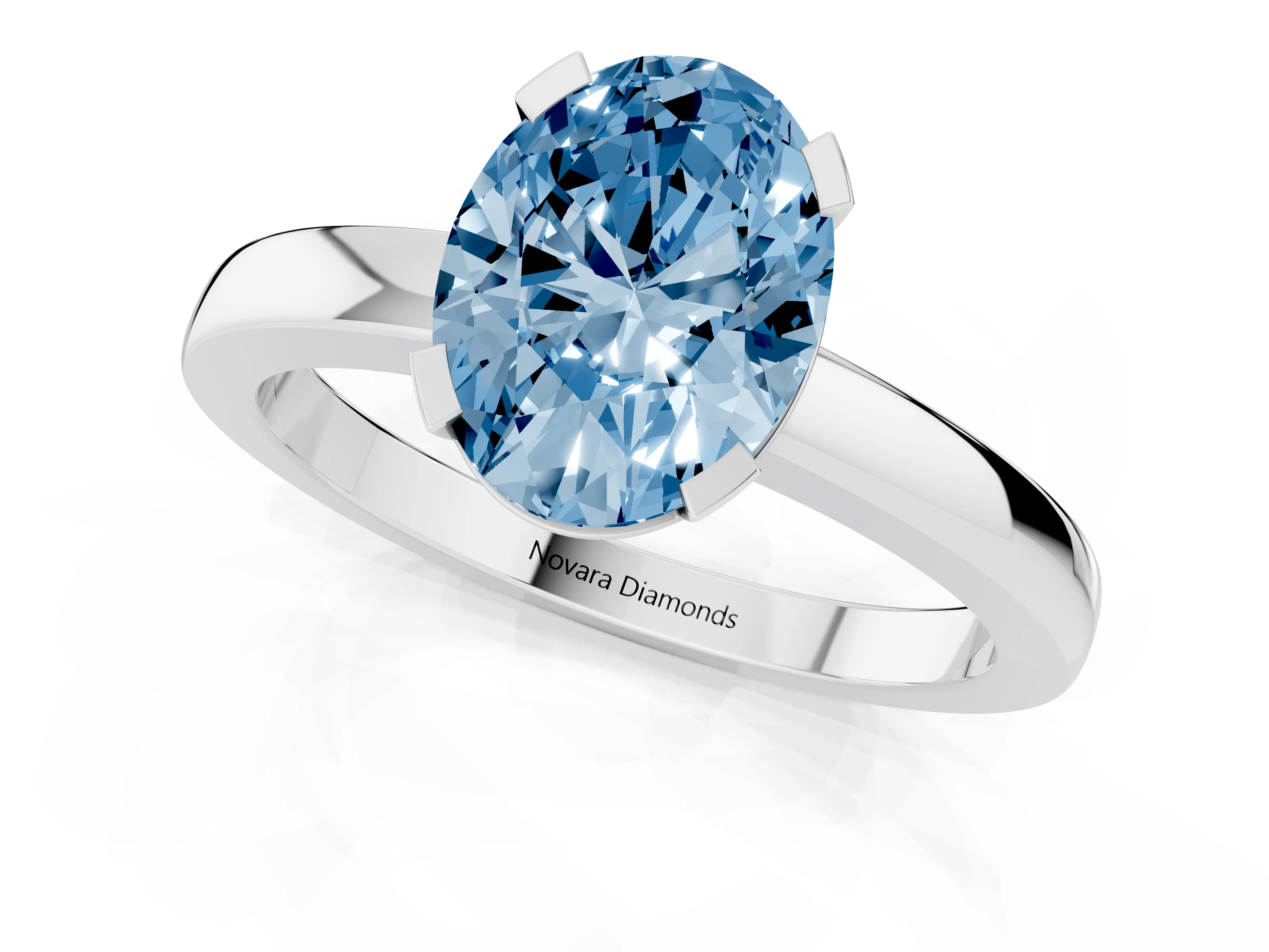 Fancy Blue Oval Cut Diamond Solitaire Ring Set in Platinum with Prong Head and Smooth Polished Band