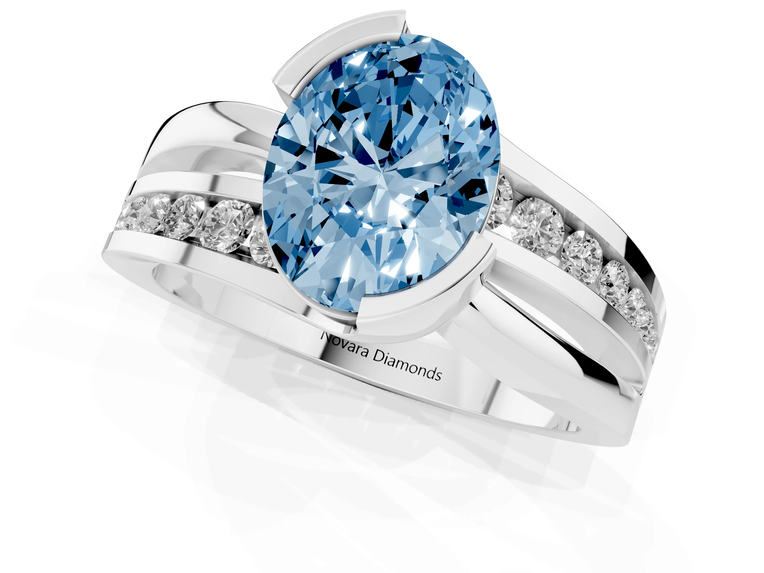 Fancy Blue Oval Cut Diamond Solitaire Ring Set in Silver with Channel Set Split Shank and Tension Prongs