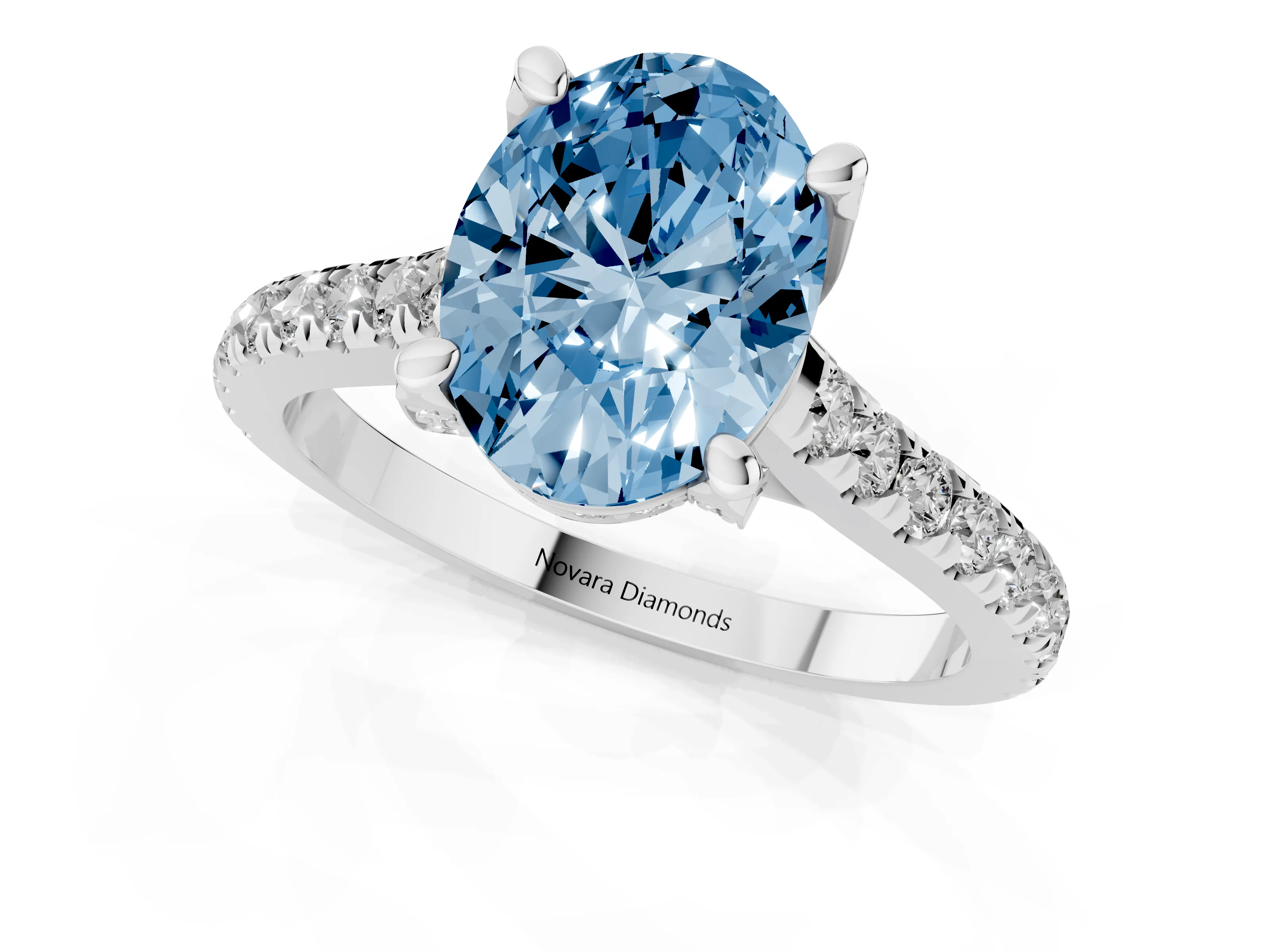 Fancy Blue Oval Cut Diamond Solitaire Ring Set in Silver with Brilliant Pavé Band and Prong Setting