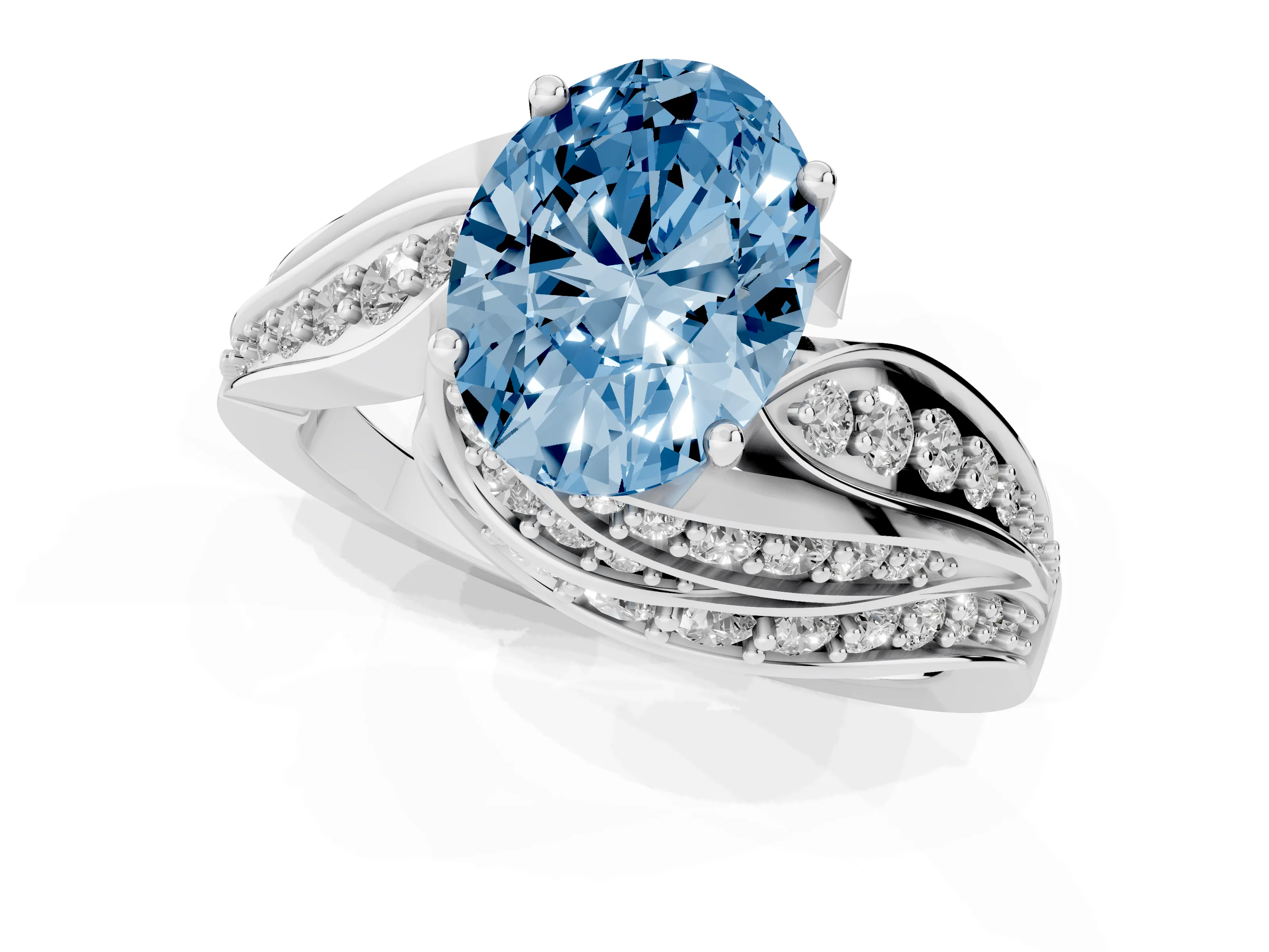 Fancy Blue Oval Cut Diamond Solitaire Ring Set in Silver with Layered Twist Pavé Band