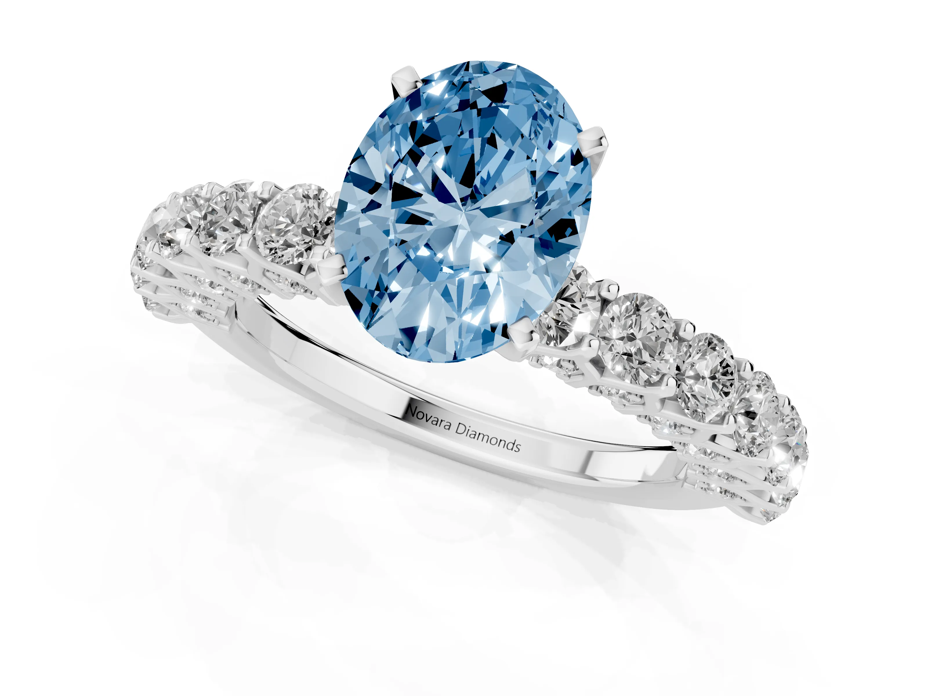Fancy Blue Oval Cut Diamond Solitaire Ring Set in Platinum with Shared Prong Pavé Band