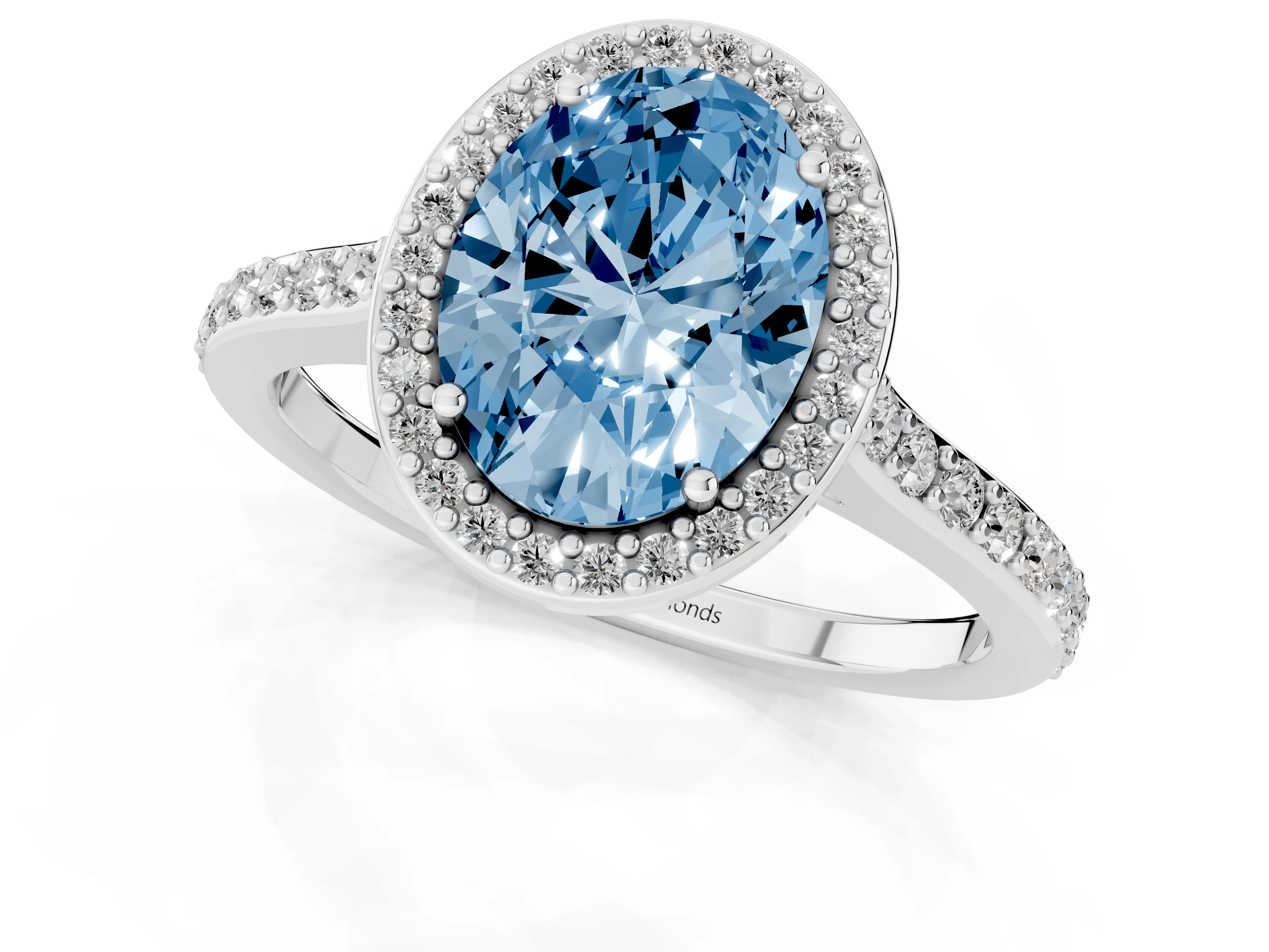 Fancy Blue Oval Cut Diamond Halo Engagement Ring Set in White gold with Round Pavé Shoulders and Heart Gallery