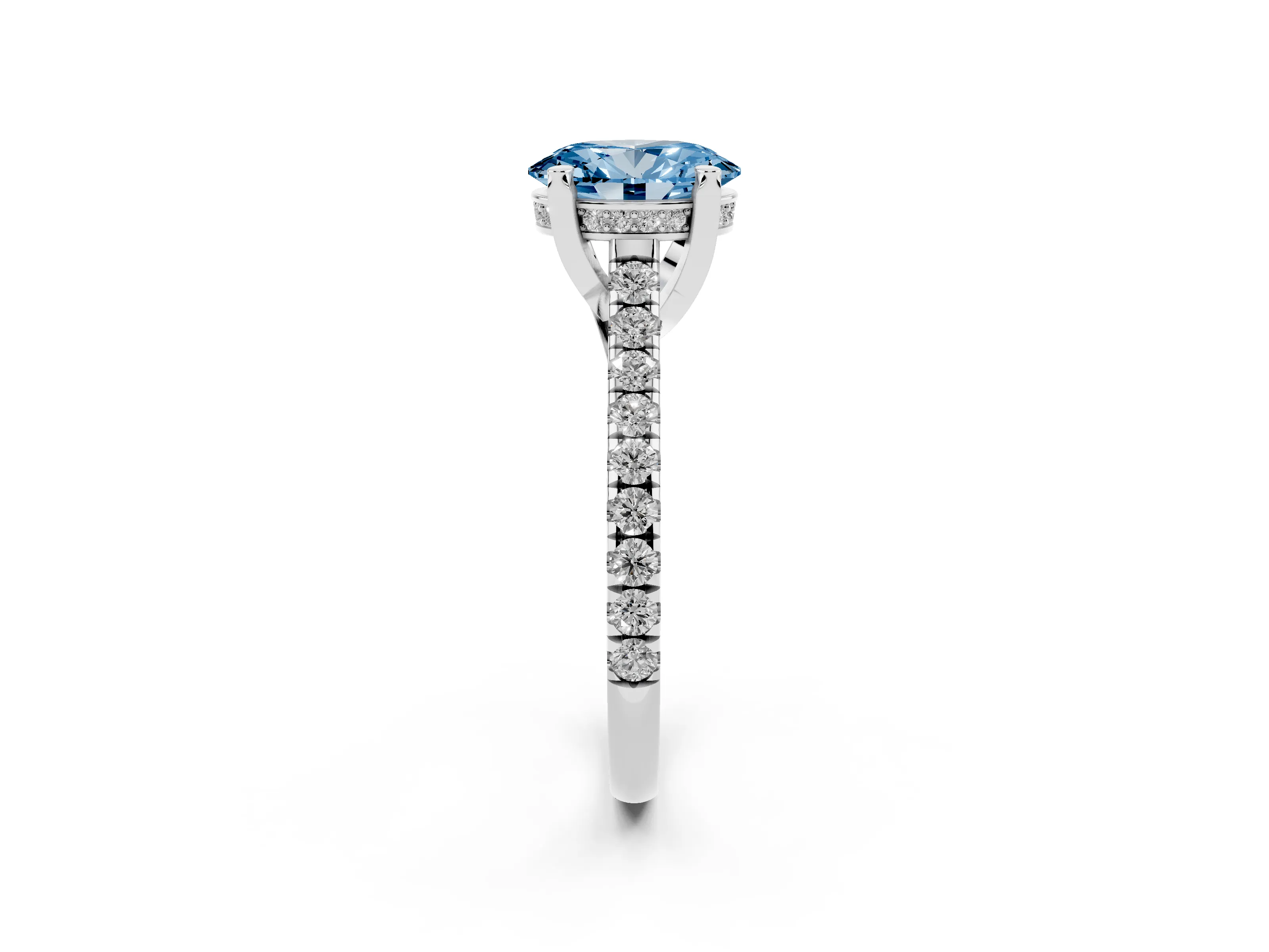 Fancy Blue Oval Cut Diamond Solitaire Ring Set in Silver with Brilliant Pavé Band and Prong Setting