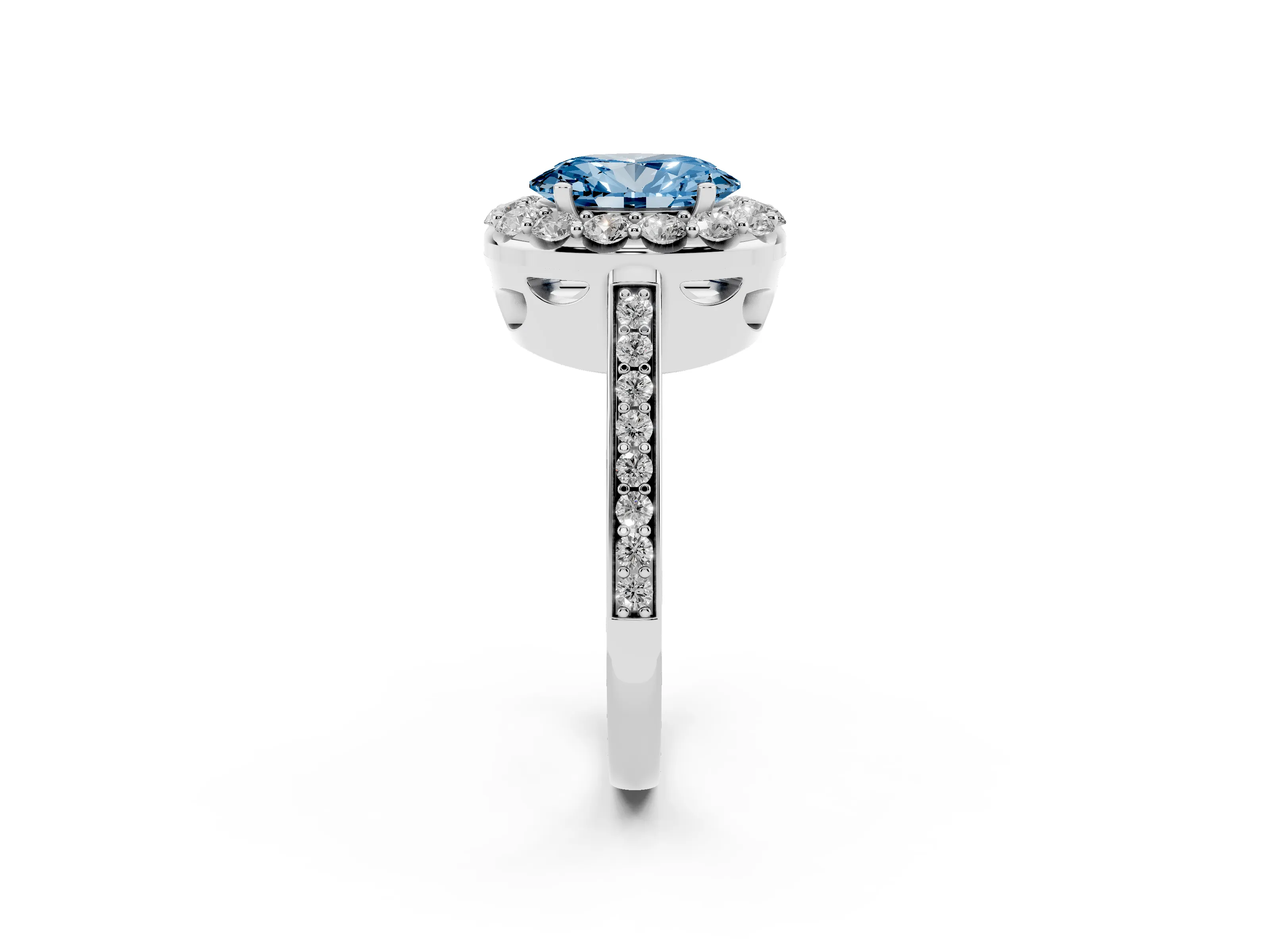 Fancy Blue Oval Cut Diamond Floral Halo Ring Set in Silver with Pavé Band and Prong Setting