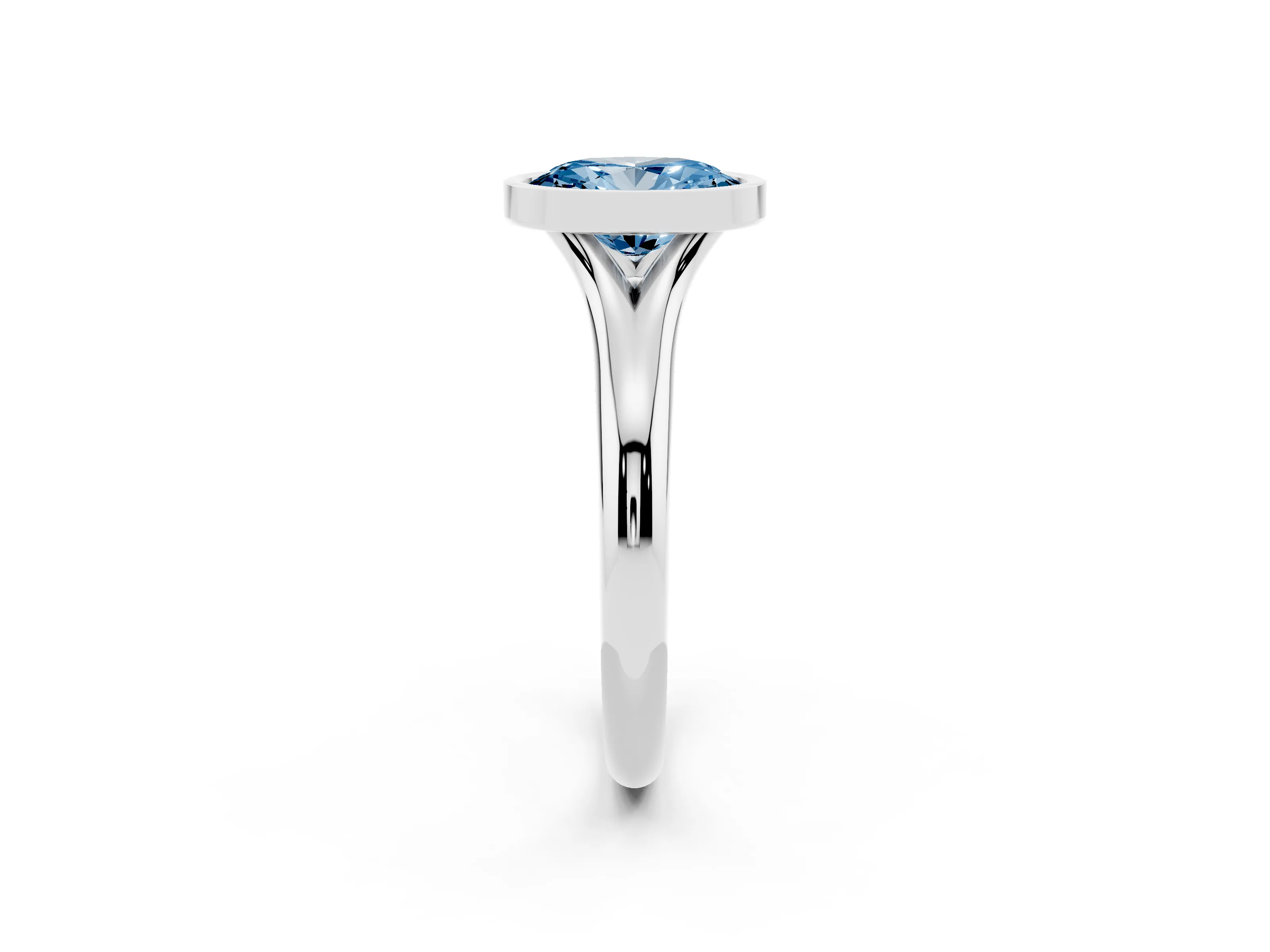 Fancy Blue Bezel Set Oval Cut Diamond Solitaire Ring Set in White gold with Smooth Band