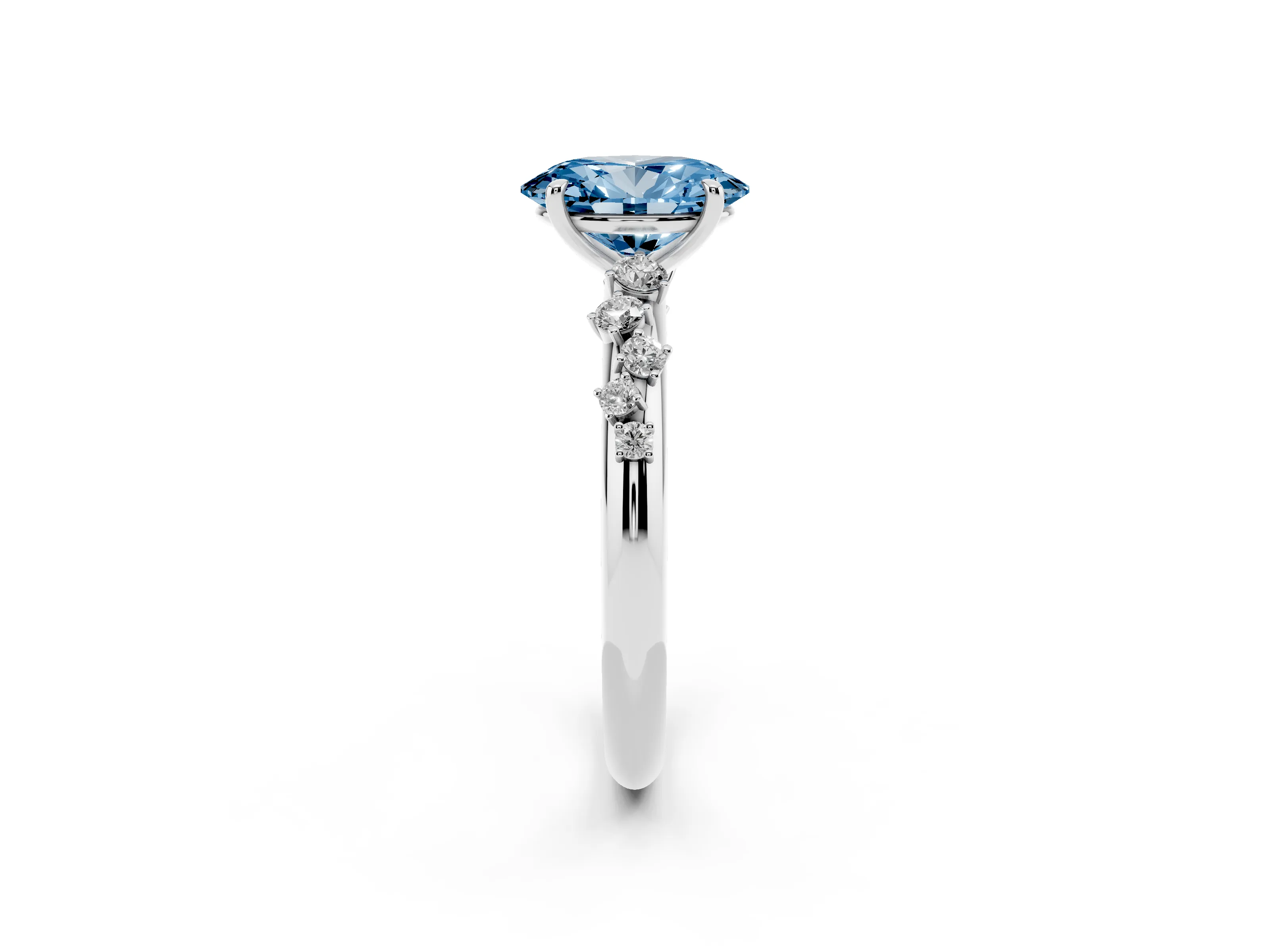 Fancy Blue Oval Cut Diamond Cluster Solitaire Ring Set in Silver with Prong Setting