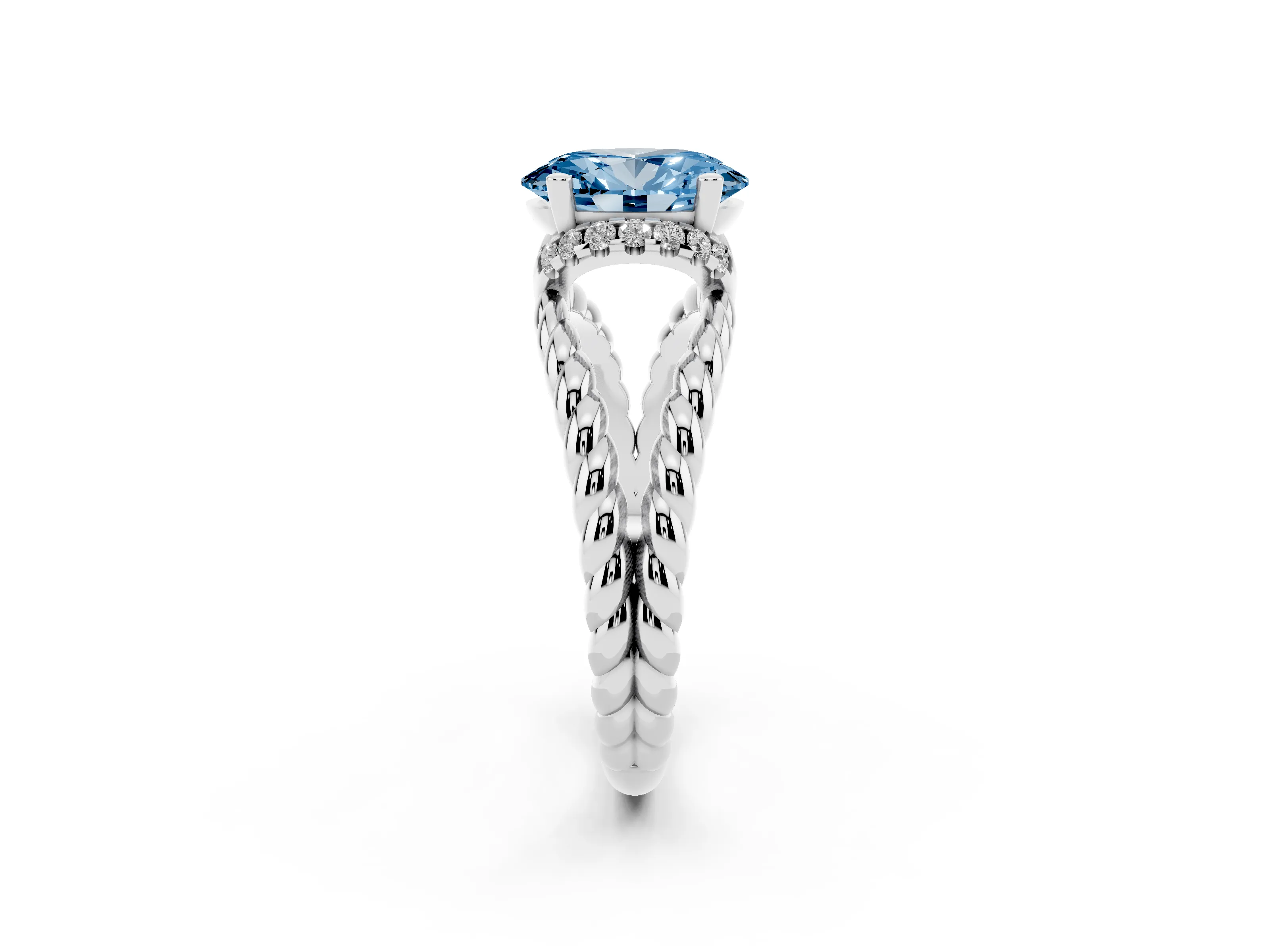 Fancy Blue Oval Cut Diamond Halo Ring Set in Platinum with Twisted Band and Prong Setting
