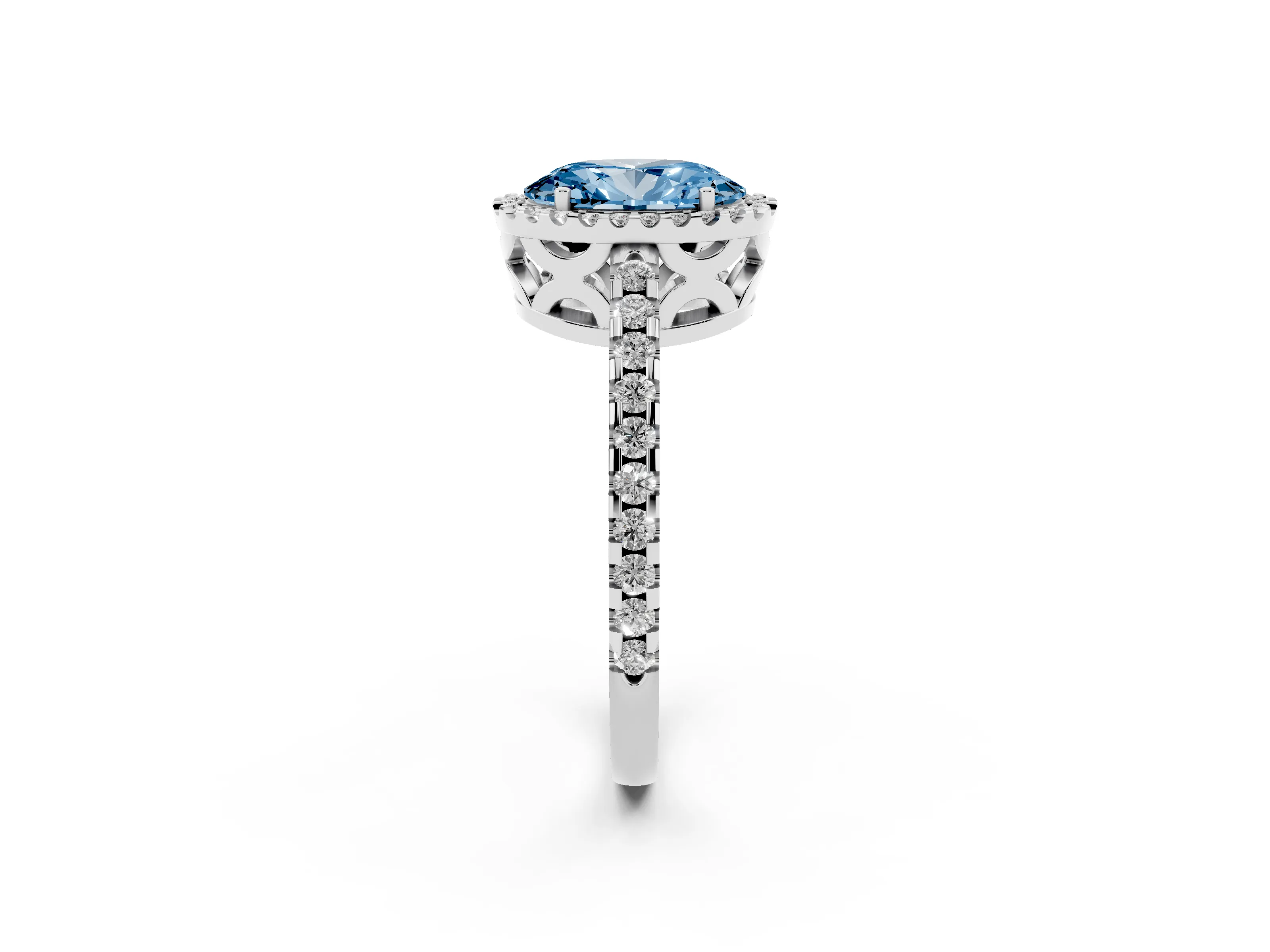 Fancy Blue Oval Cut Diamond Halo Ring Set in Platinum with Pavé Shoulders and Halo-Framed Center