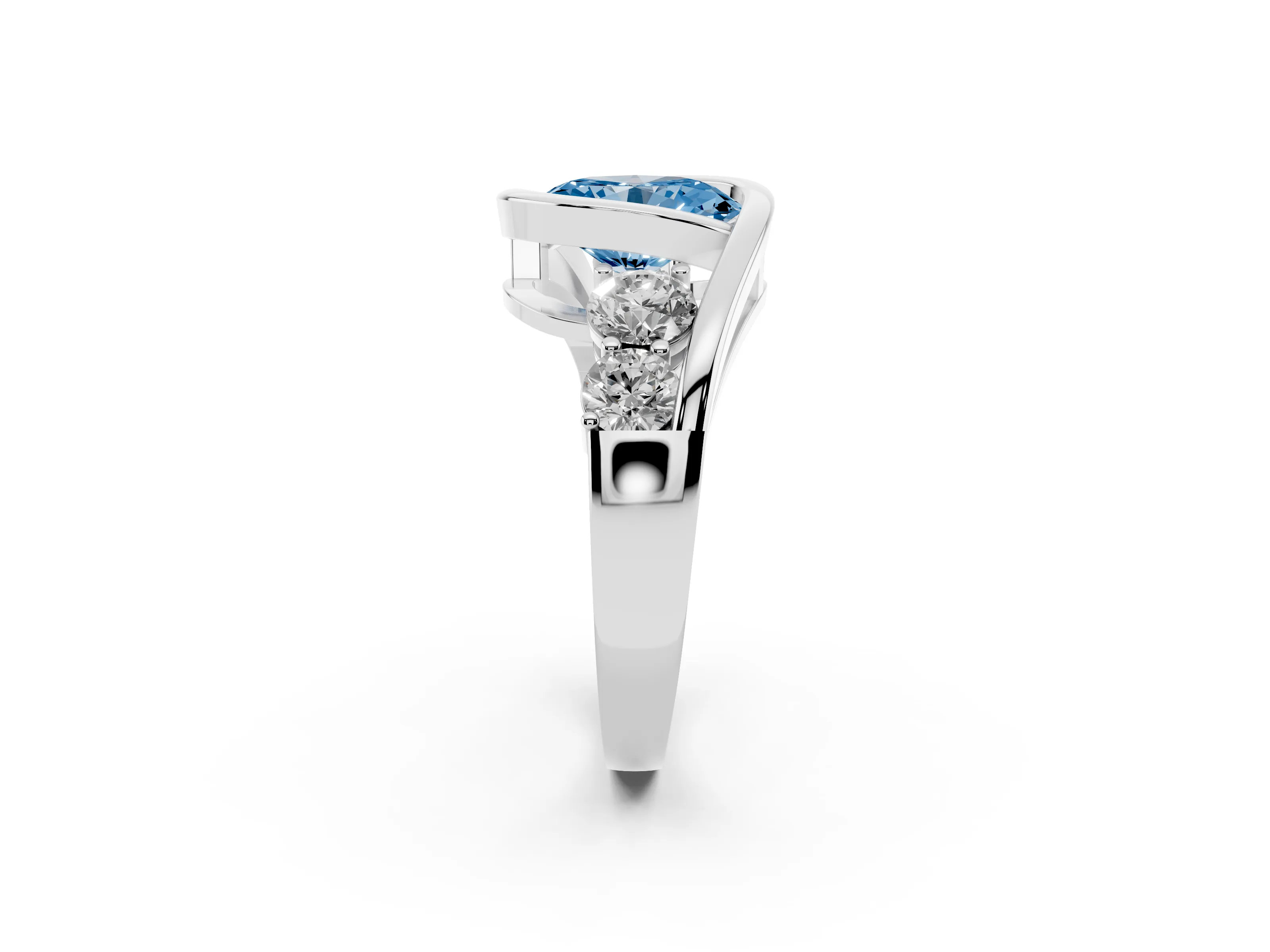 Fancy Blue Oval Cut Diamond Bezel Bypass Ring Set in Silver with Round Accents