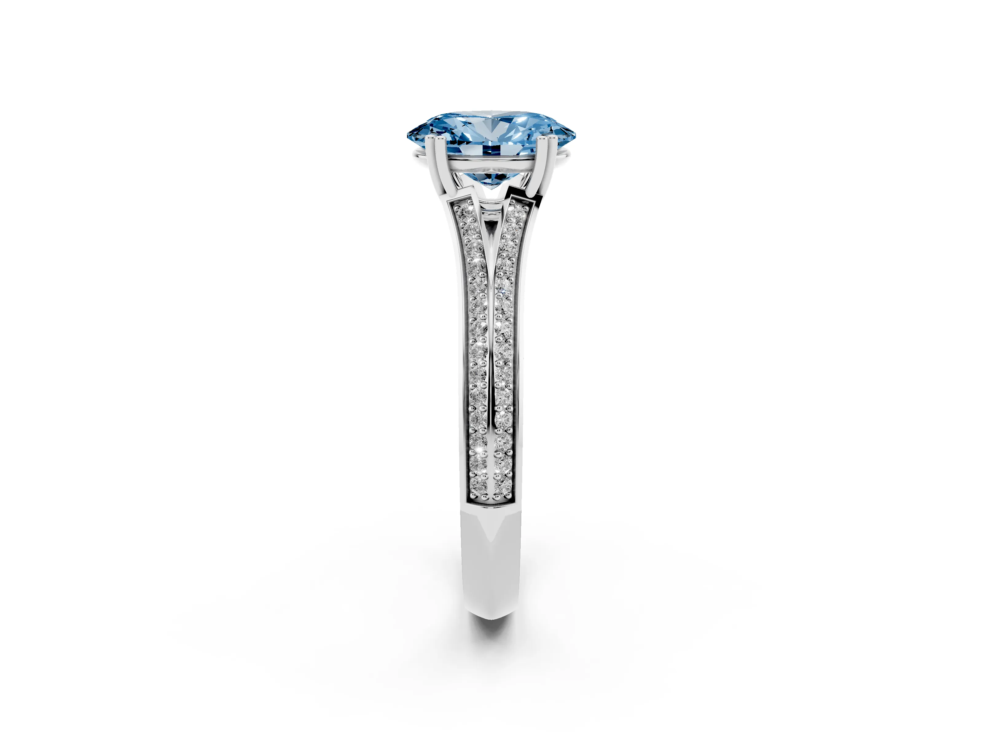 Fancy Blue Oval Cut Diamond Split Shank Pavé Engagement Ring Set in White gold with Prong-Set Center Stone