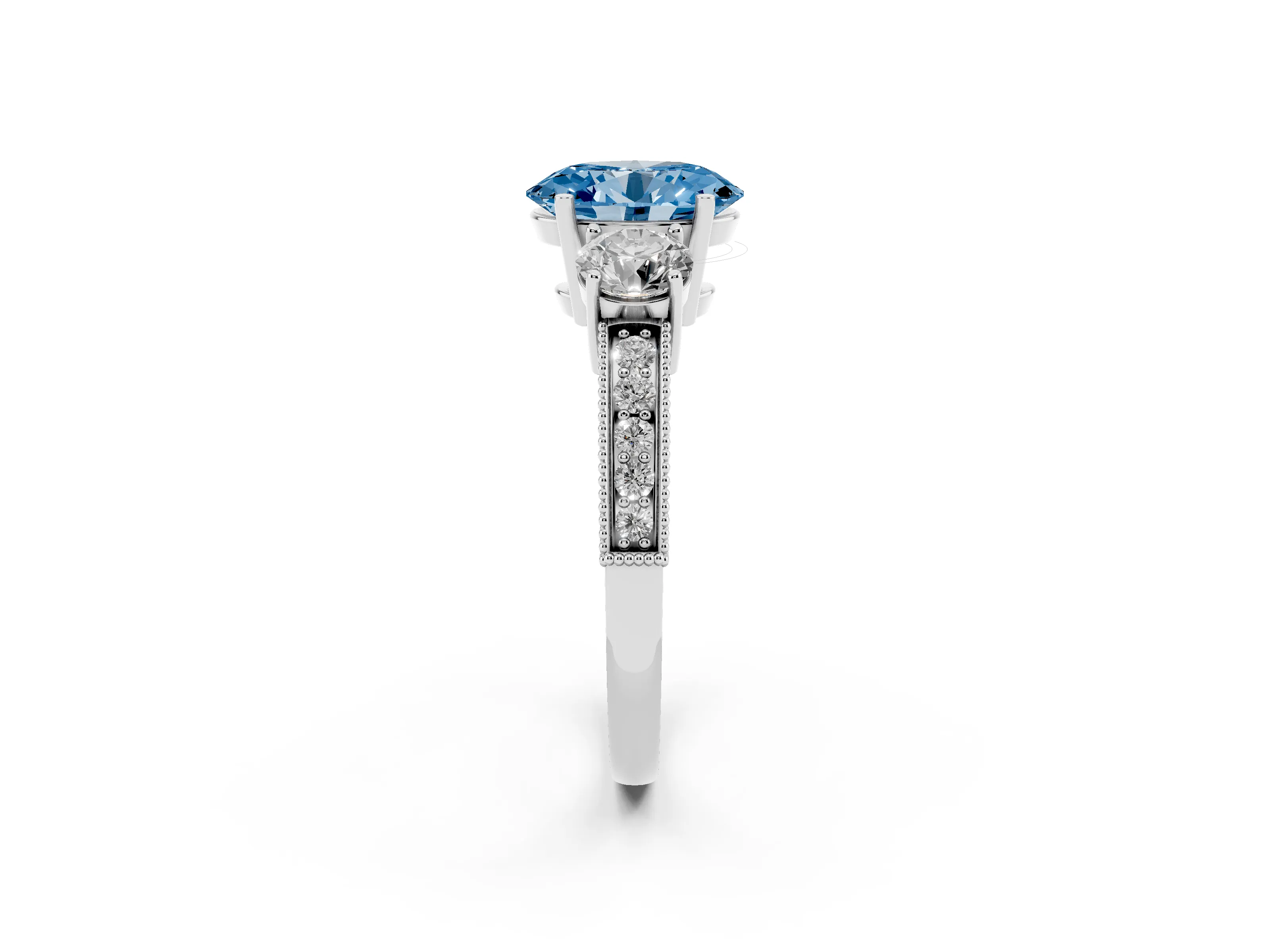 Fancy Blue Oval Cut Diamond Three-Stone Ring Set in Silver with Round Side Stones and Pavé Band
