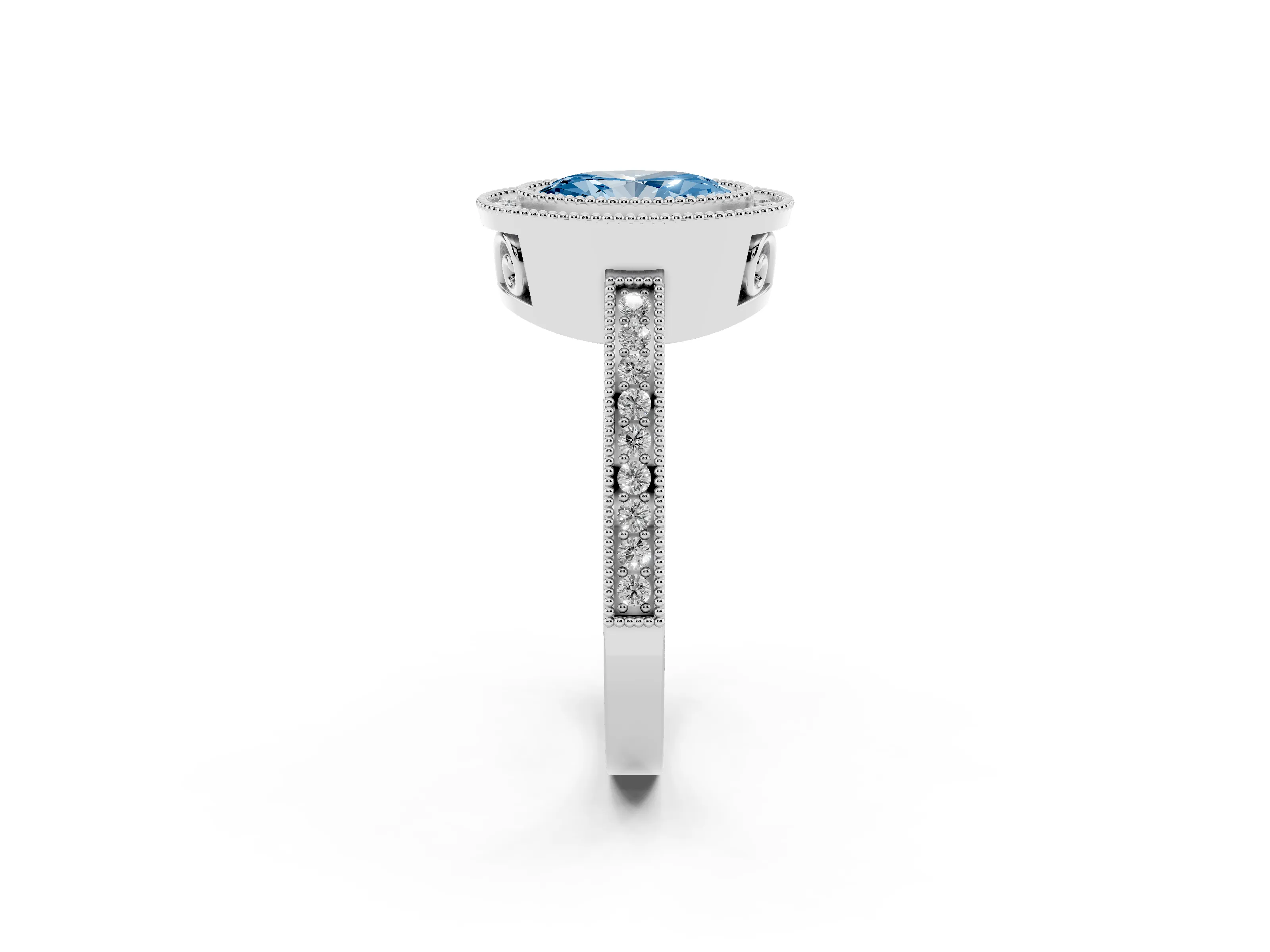 Fancy Blue Oval Cut Diamond Halo Ring Set in Platinum with Pavé Band and Milgrain-Edged Prongs