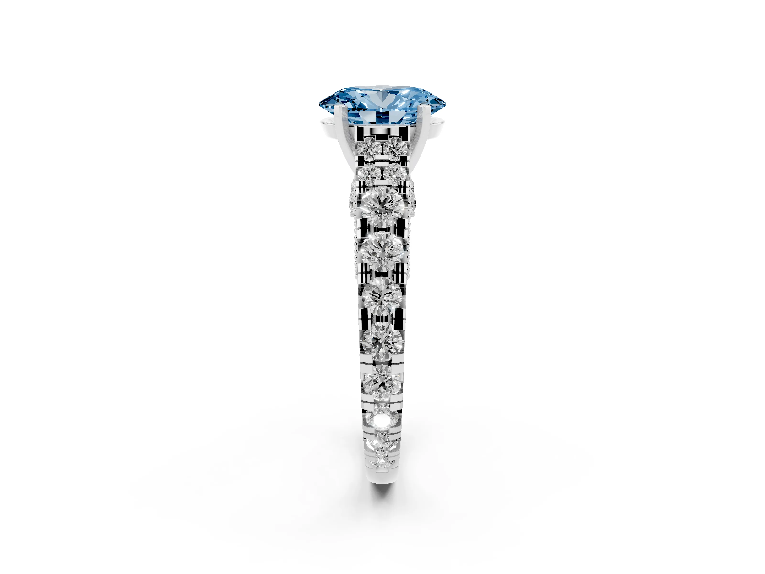 Fancy Blue Oval Cut Diamond Classic Solitaire Ring Set in White gold with Pavé Band and Prong Setting