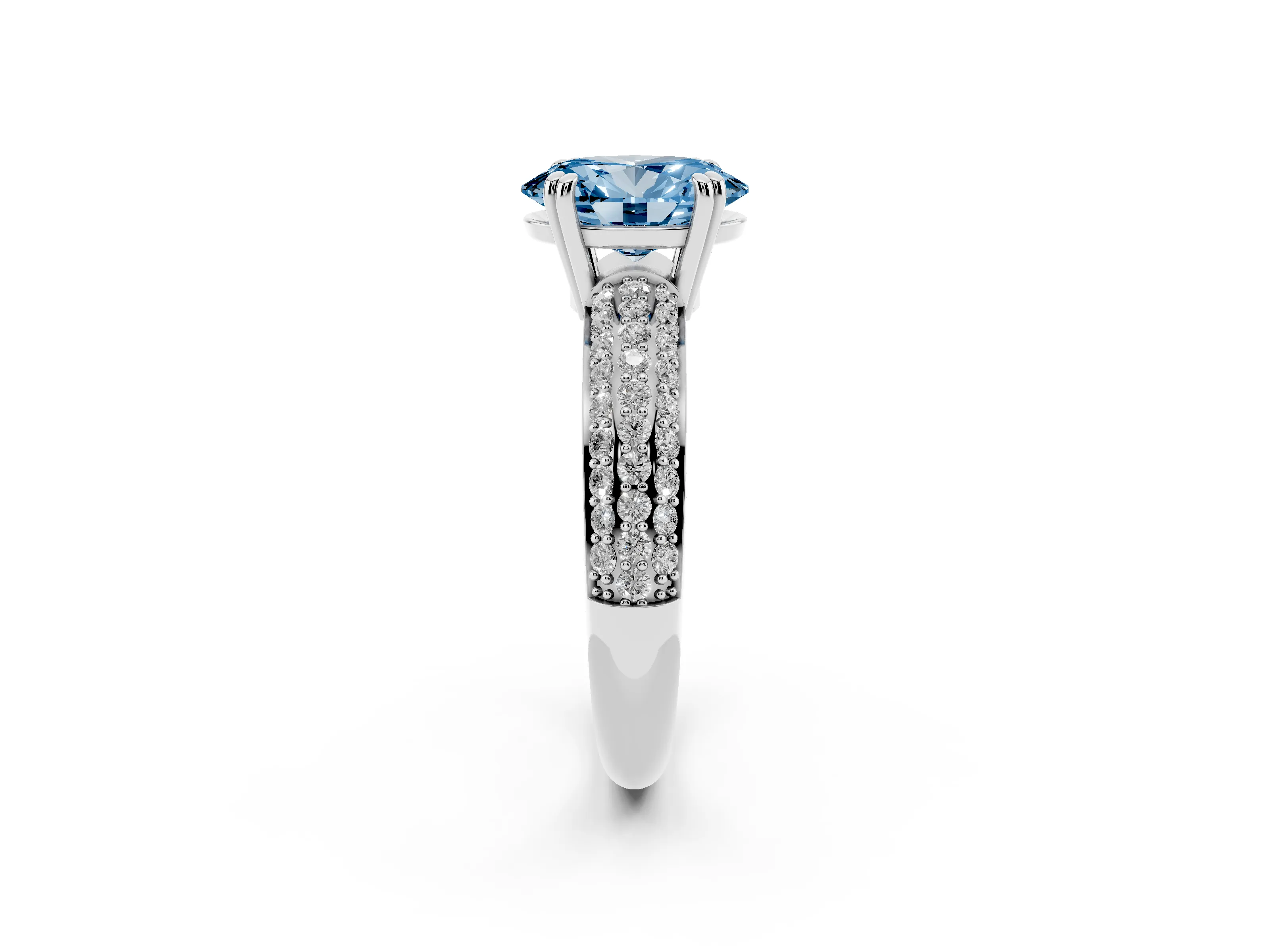 Fancy Blue Oval Cut Diamond Solitaire Ring Set in White gold with Multi-Row Round Pavé Band and Prong Setting