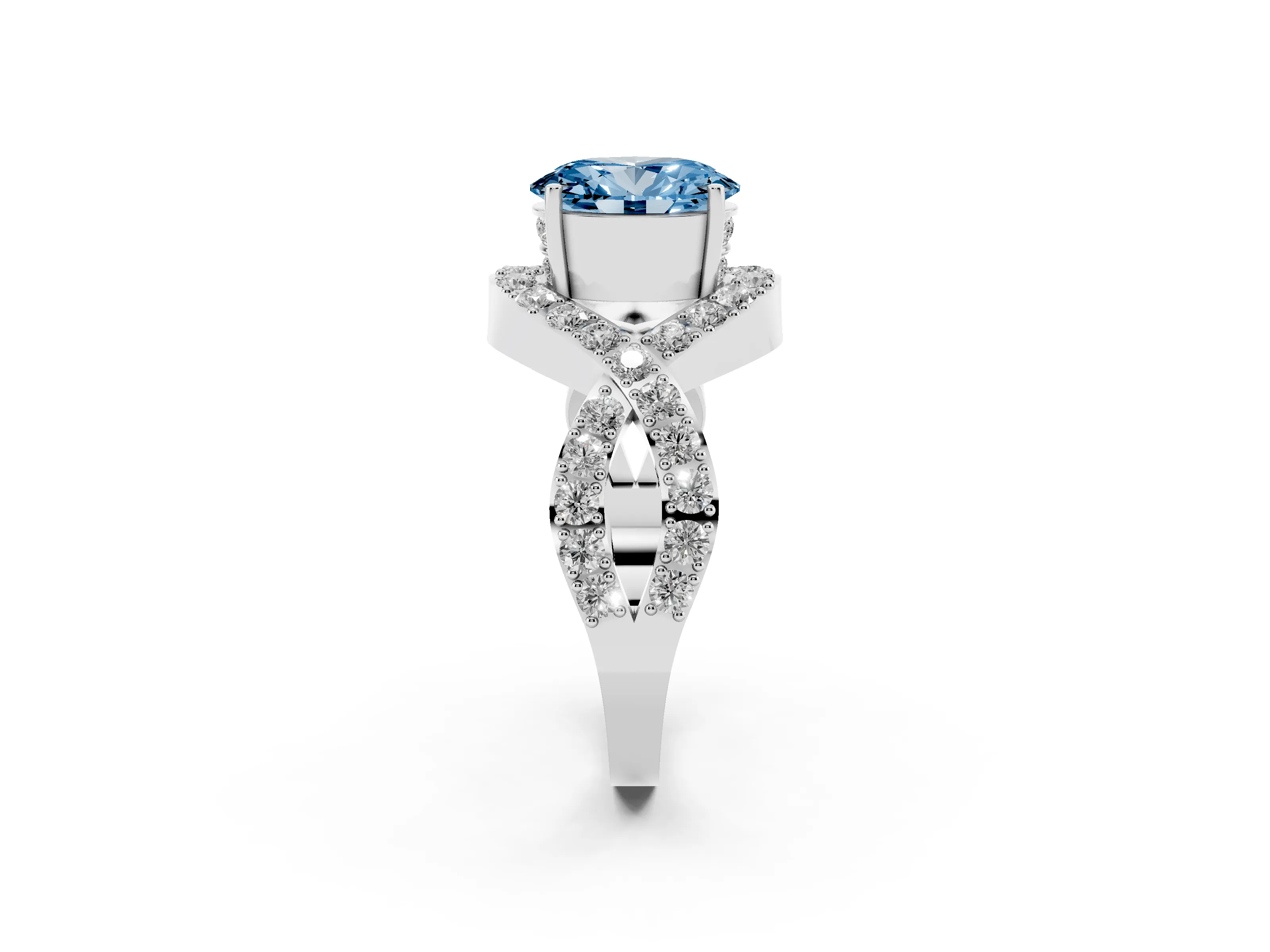 Fancy Blue Oval Cut Diamond Solitaire Twist Band Pavé Engagement Ring Set in Platinum