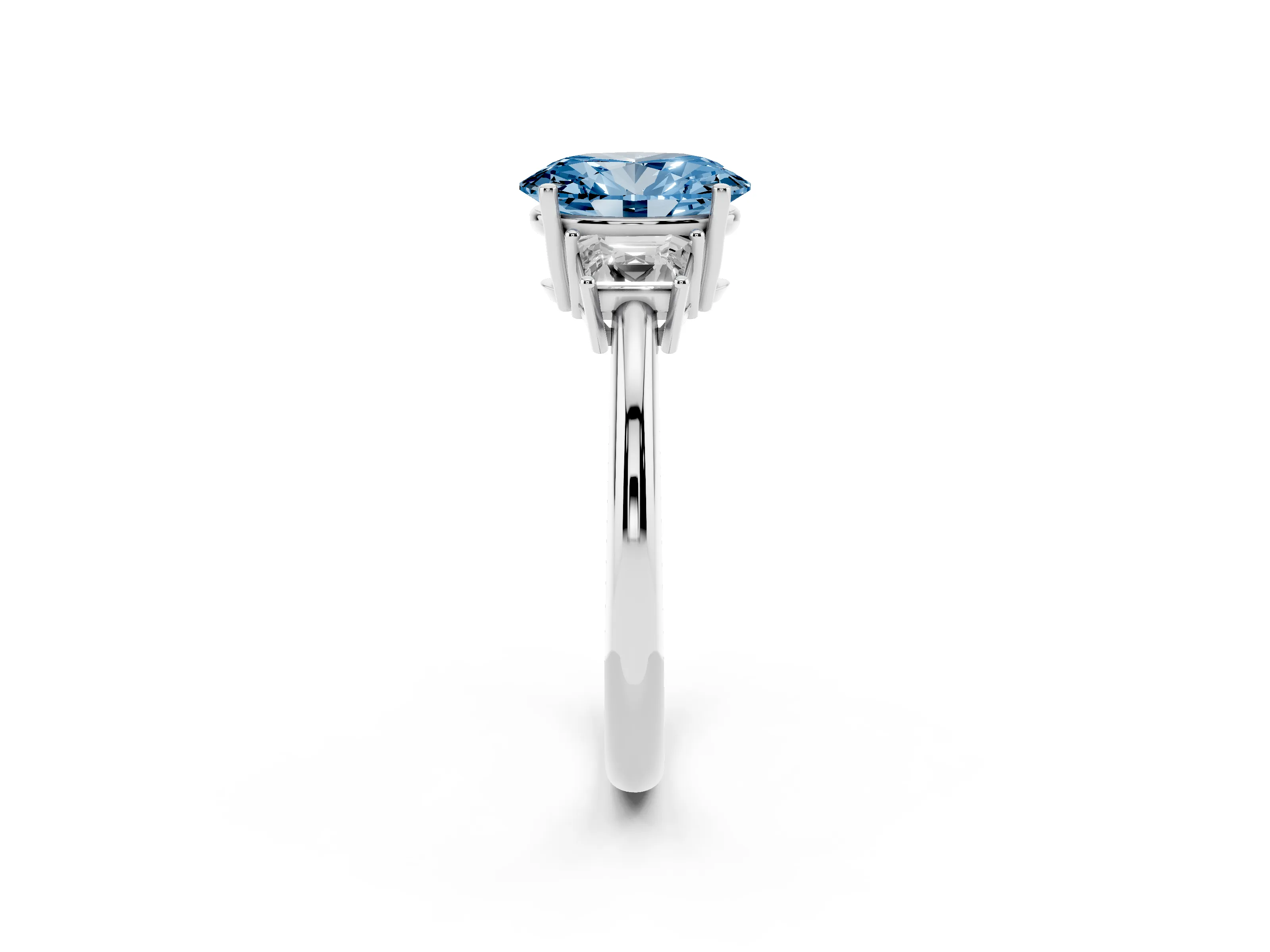 Fancy Blue Oval Cut Diamond Three-Stone Ring Set in White gold with Trapezoid Side Stones and Prong Setting