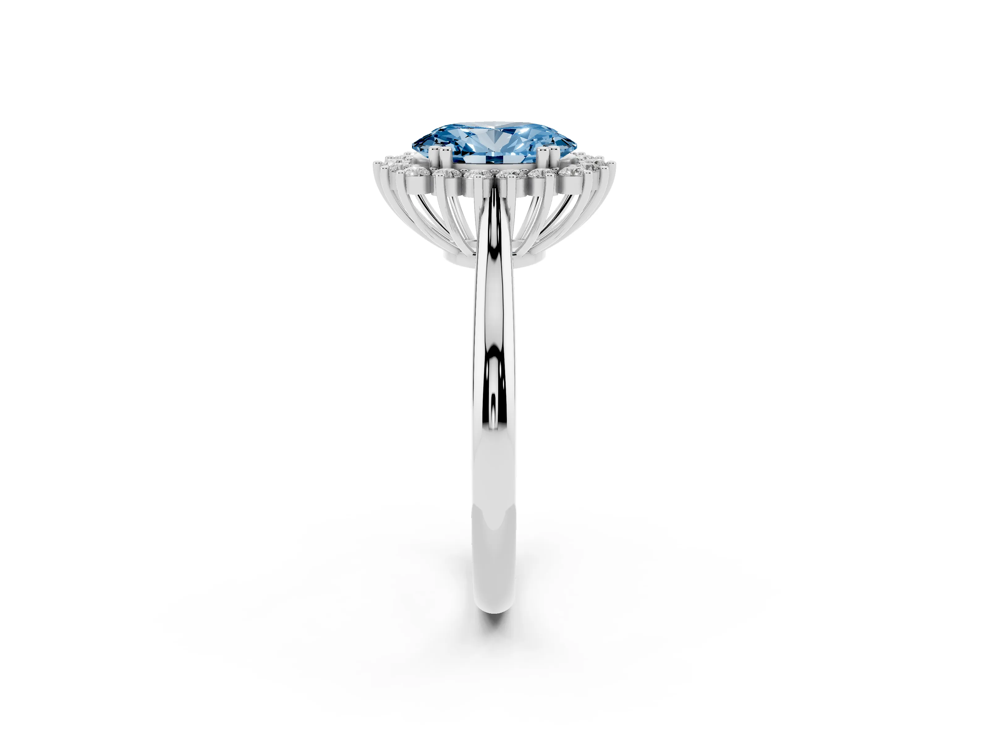 Fancy Blue Oval Cut Diamond Halo Ring Set in Silver with Plain Solitaire Band and Prong Setting