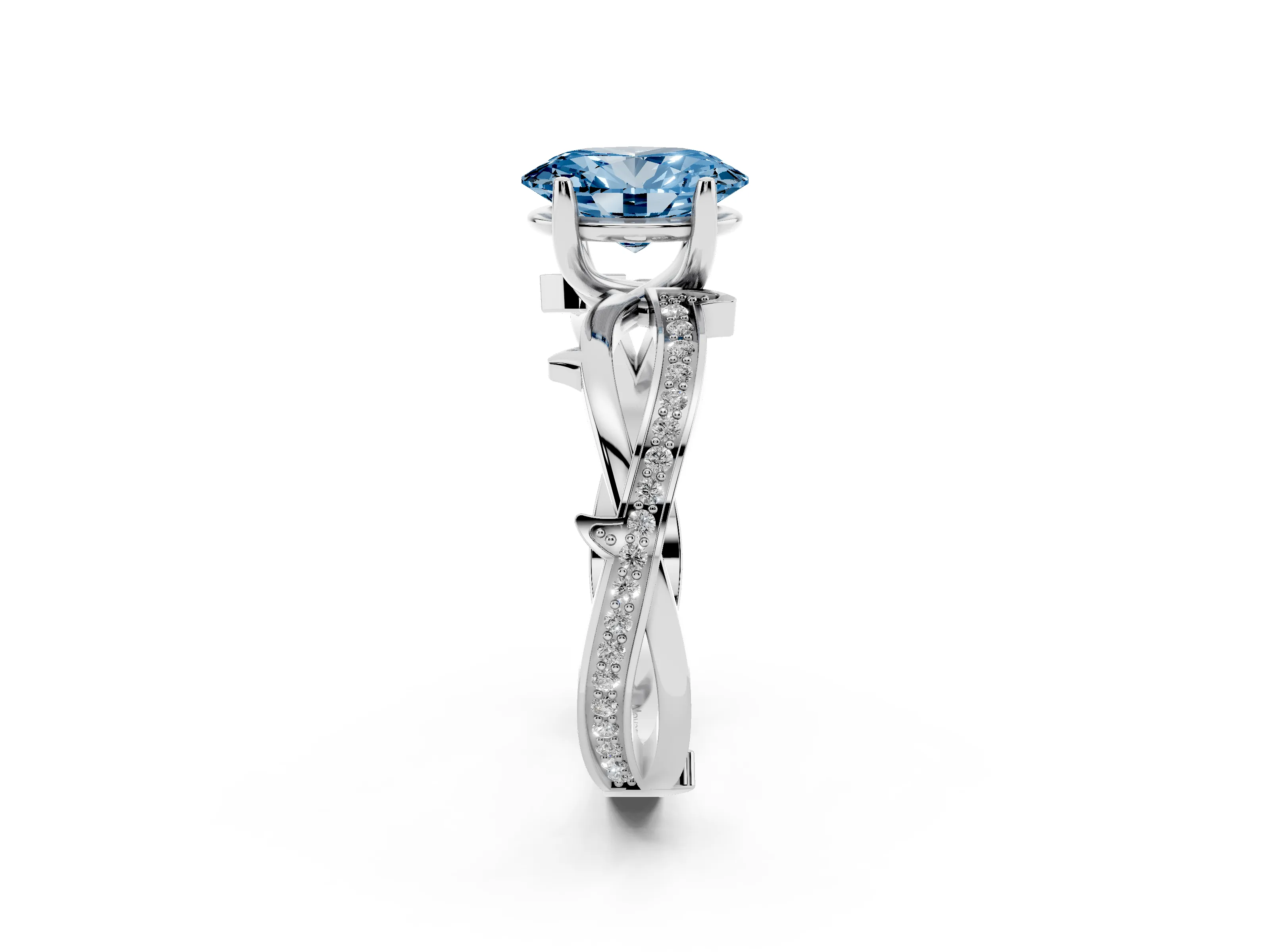 Fancy Blue Oval Cut Diamond Pavé Twist Band Solitaire Ring Set in White gold with Prong Setting