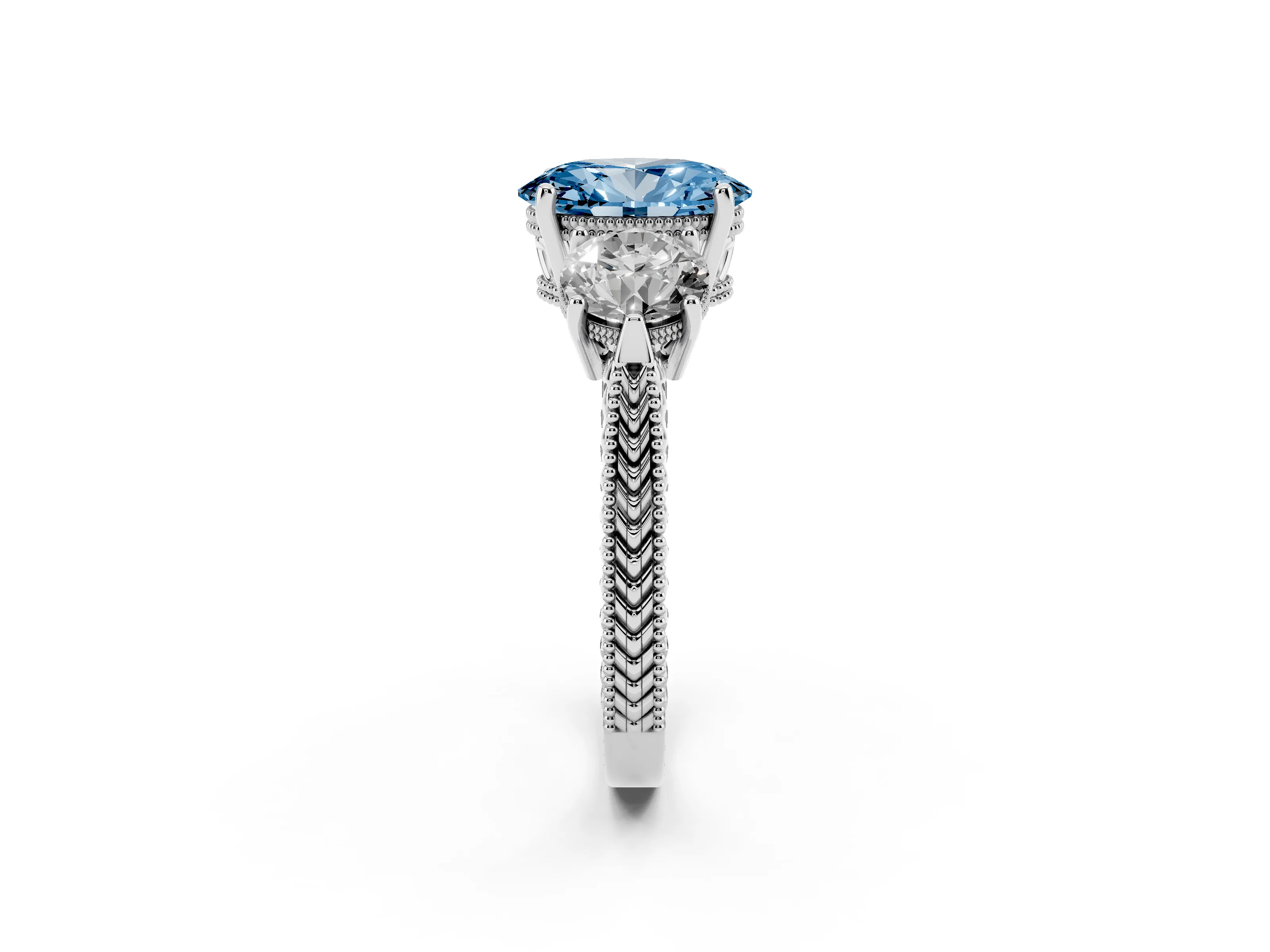 Fancy Blue Oval Cut Diamond Three-Stone Ring Set in Silver with Milgrain Band