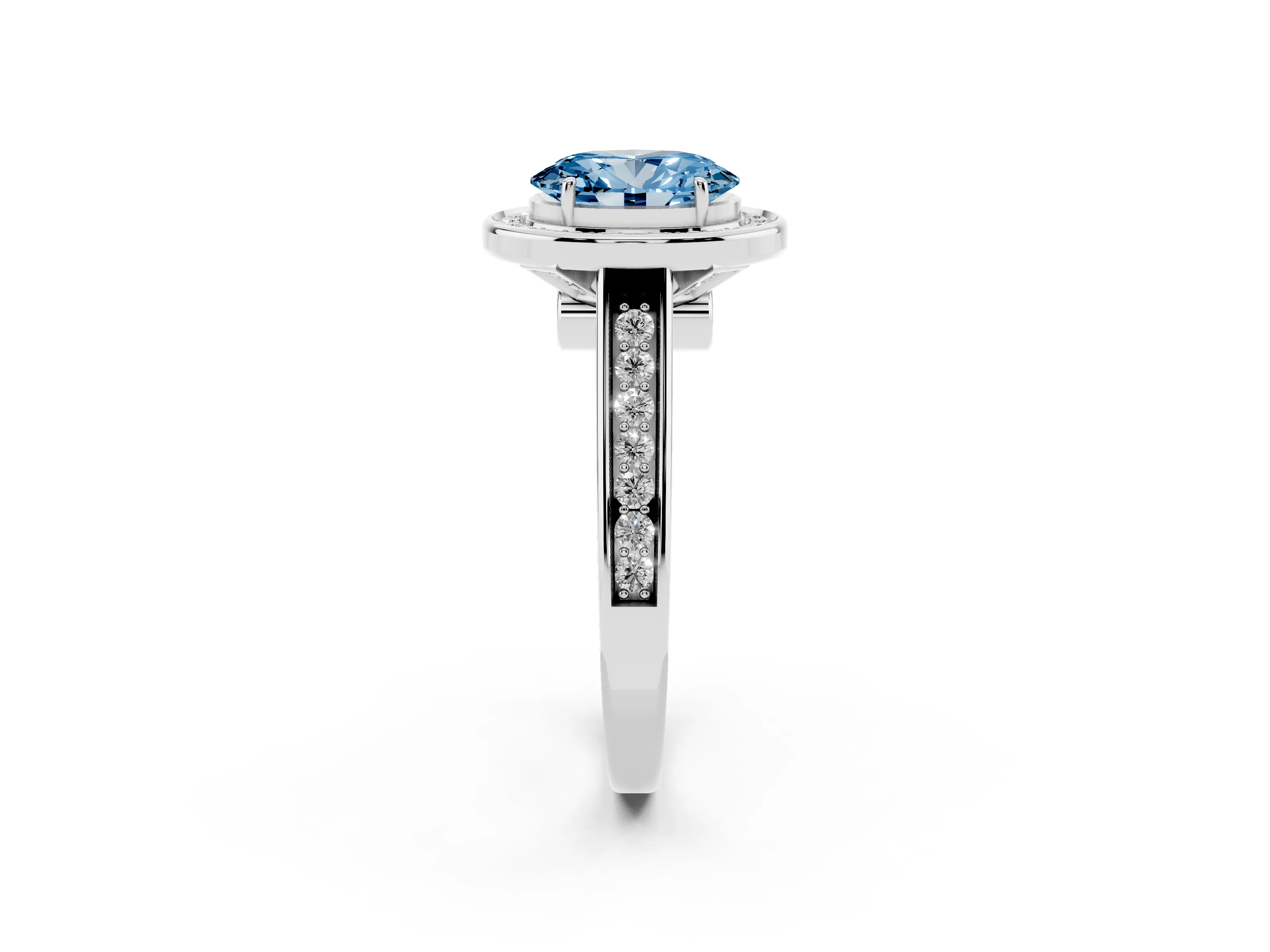 Fancy Blue Oval Cut Diamond Halo Solitaire Ring Set in Silver with Pavé Band and Bezel Setting