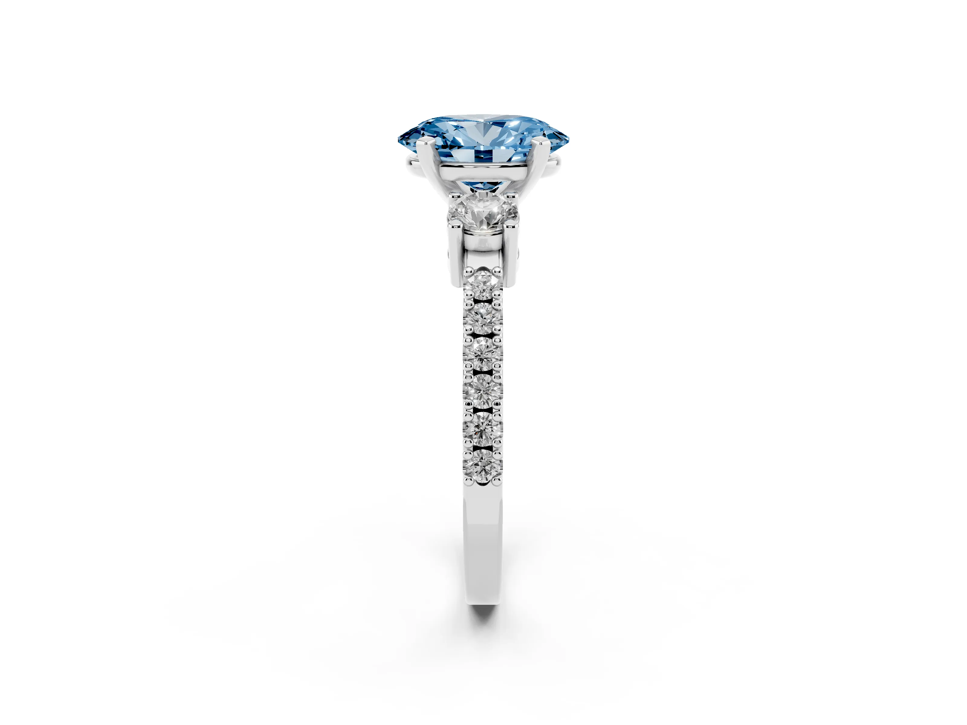 Fancy Blue Three-Stone Oval Cut Diamond Pavé Band Ring Set in White gold with Prong Setting