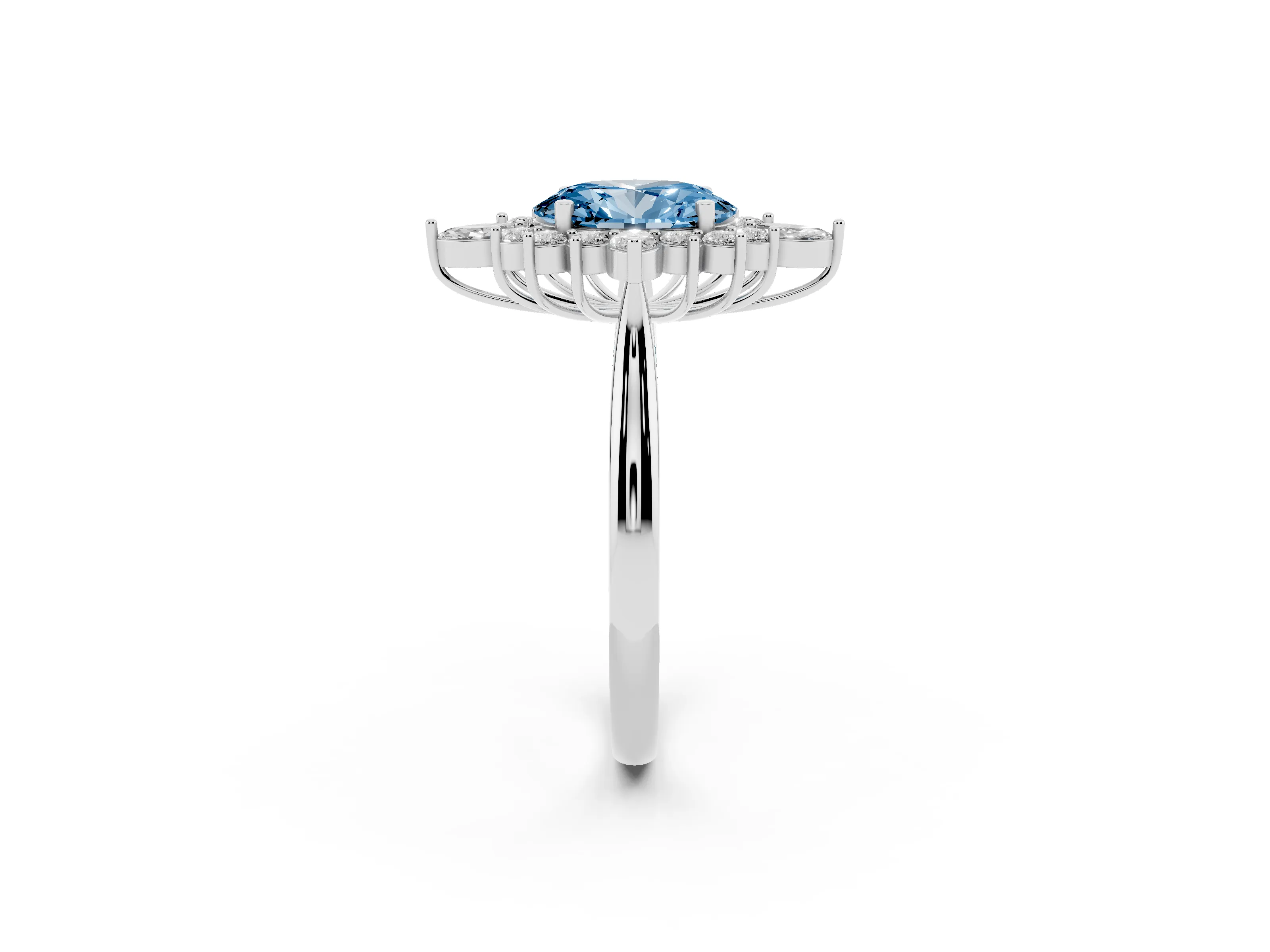 Fancy Blue Oval Cut Diamond Cluster Halo Ring Set in Platinum with Marquise and Round Accents