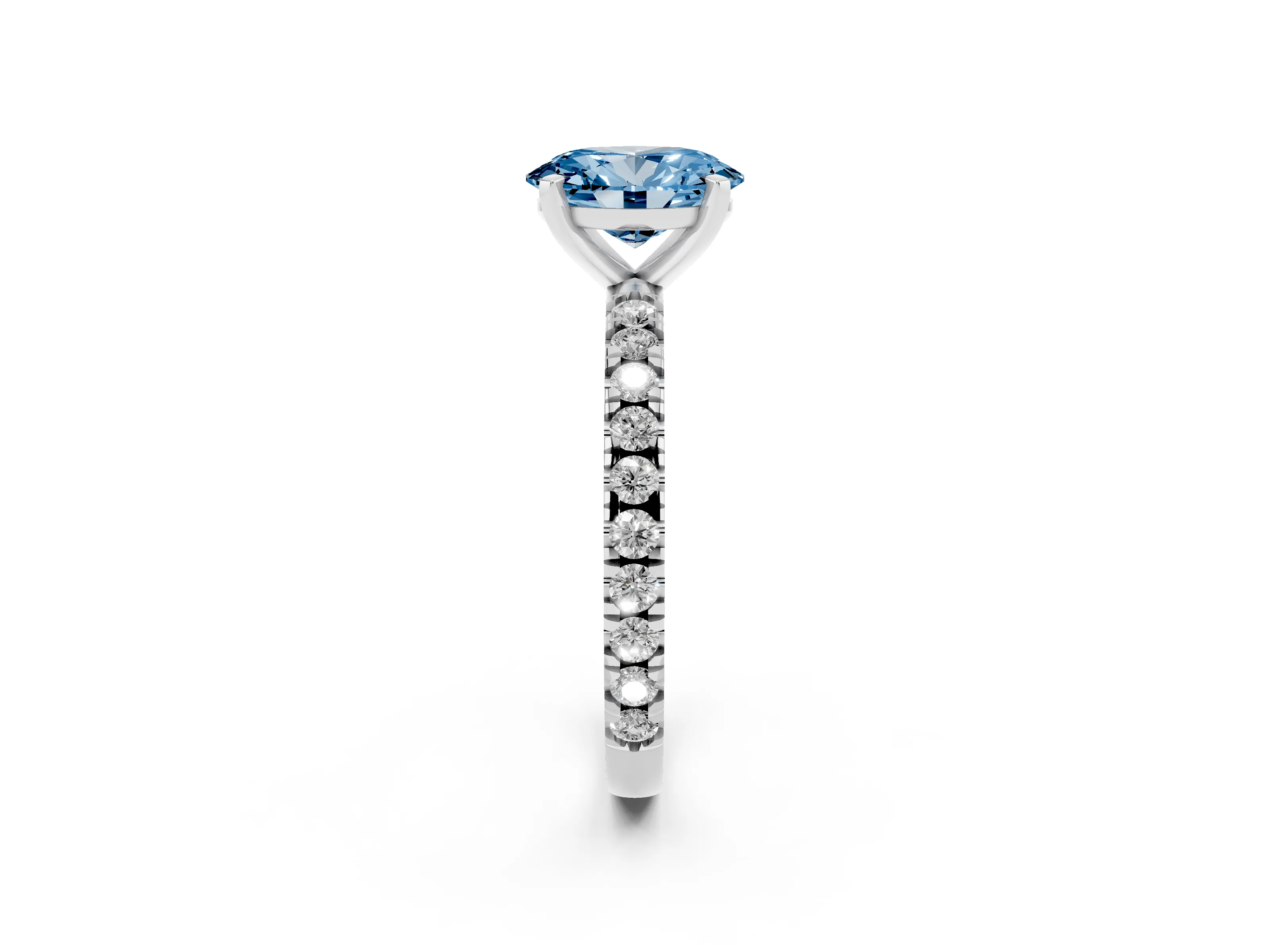 Fancy Blue Oval Cut Diamond Pavé Band Solitaire Set in Silver with Prong Setting