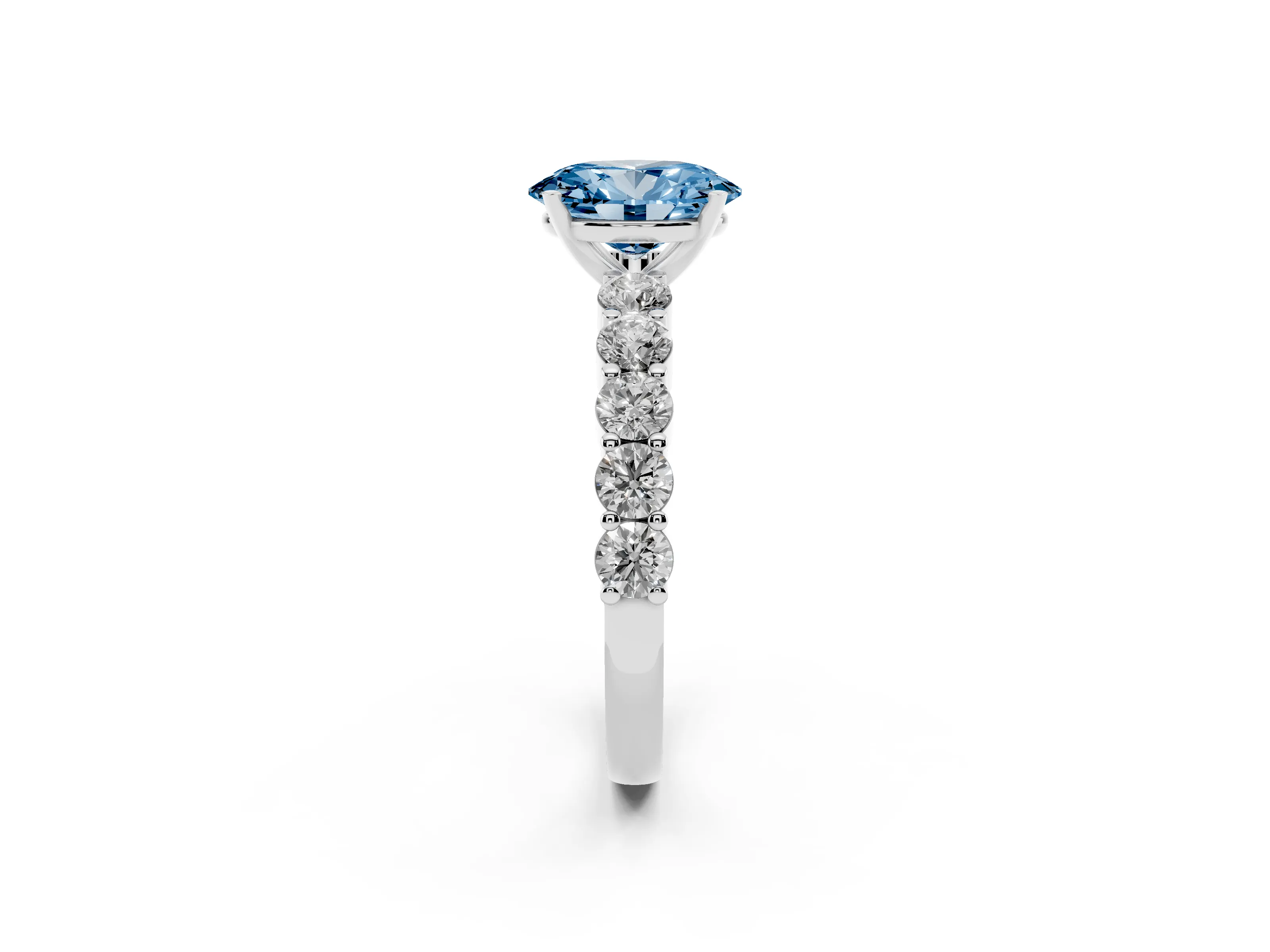 Fancy Blue Oval Cut Diamond Solitaire Ring Set in Platinum with Shared Prong Round Side Stones