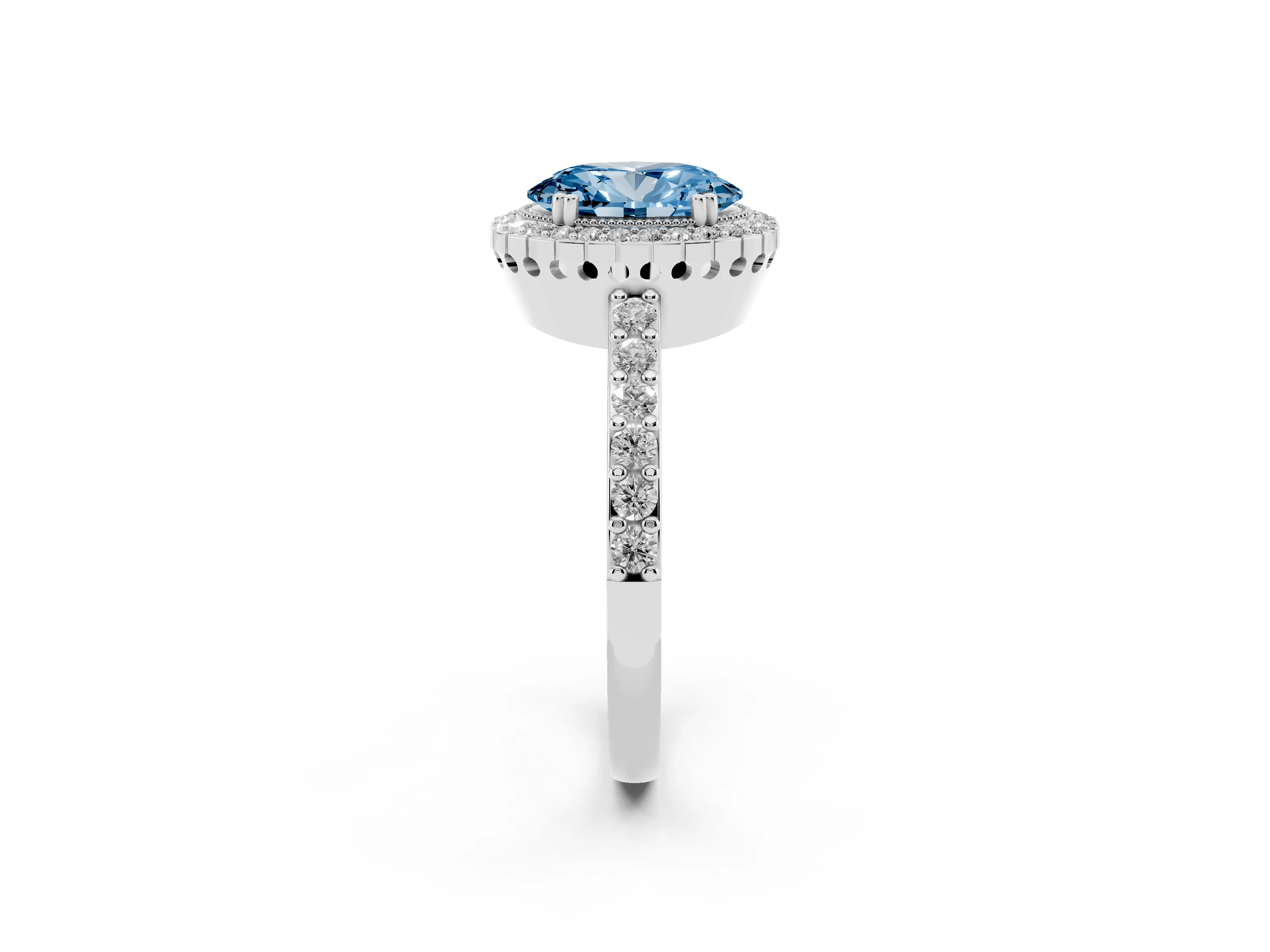 Fancy Blue Oval Cut Diamond Halo Engagement Ring Set in White gold with Milgrain Detail and Pavé Band